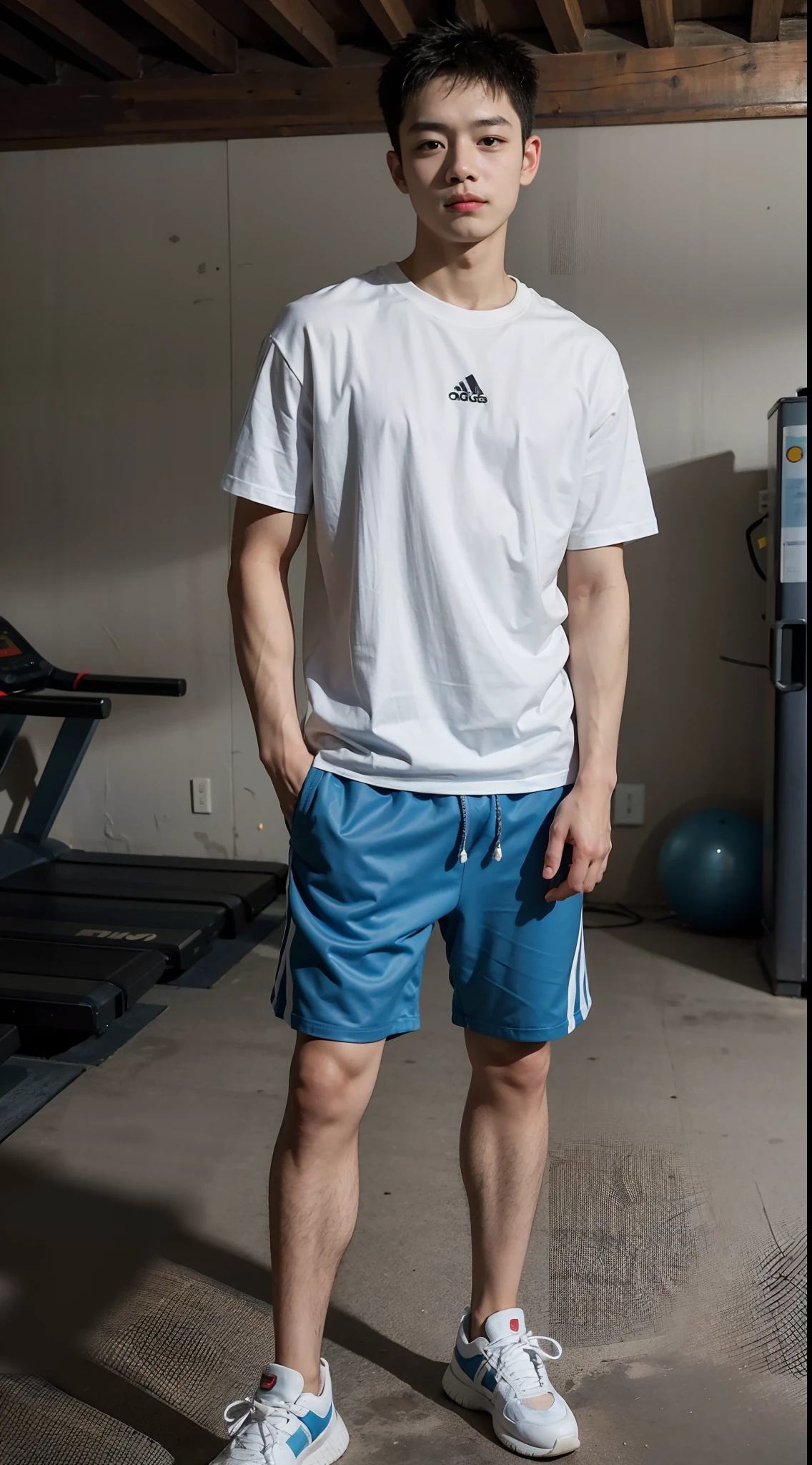Best quality images, 超高分辨率, (realisticlying:1.4), tmasterpiece, Gym in the background, Libido boy, Young person , standing on your feet,Fair skin, Light blue T-shirt, looking at viewert , sface focus,full body detailing,