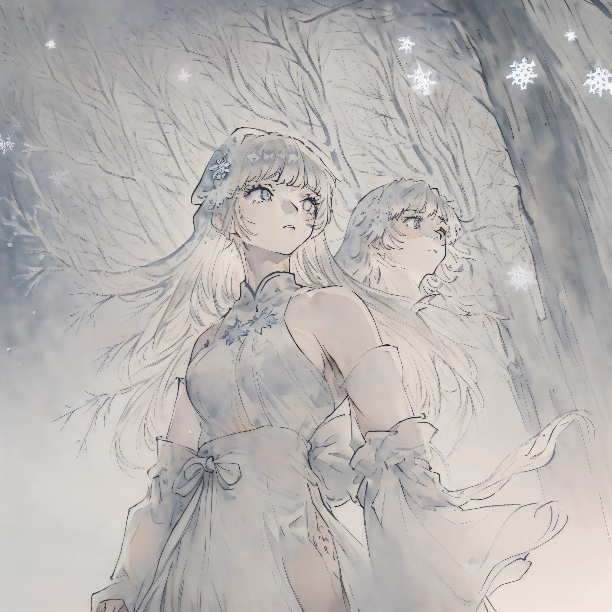 ((((ink)))，((watercolor))，world masterpiece theater, ((best quality))，depth of field,((illustration))，(1 girl)，anime face，medium_breast,floating，beautiful detailed sky，looking_at_viewers，an detailed organdie dress，very_close_to_viewers，bare_shoulder，golden_bracelet，focus_on_face，messy_long_hair，veil，upper_body，,lens_flare,light_leaks,bare shoulders，detailed_beautiful_Snow Forest_with_Trees， spirit，grey_hair，White clothes，((Snowflakes)),floating sand flow,navel,(beautiful detailed eyes), (8k_wallpaper)