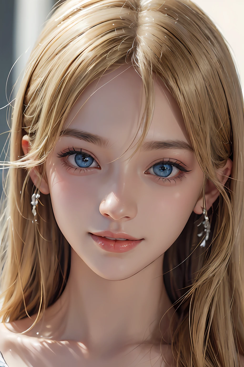 ​masterpiece、top-quality、portrait painting of 1girl、a smile、a blond、blue eyess、A detailed eye、long lashes、二重まぶた、collarbone visible、beautiful countenance、de pele branca,8k,RAW photo,(photo realistic:1.2)