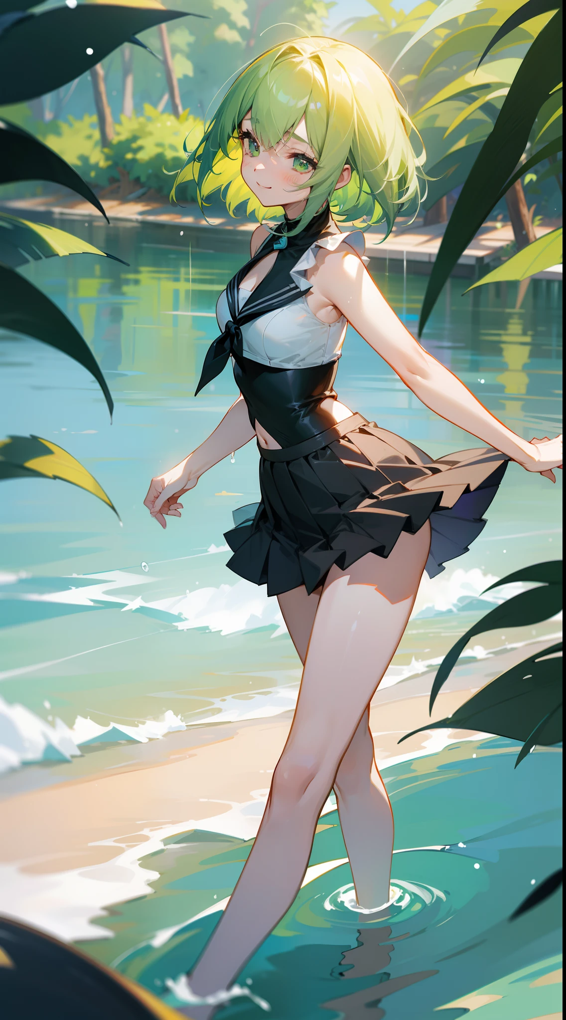 Lightning,strike,Thunderbolt, 1girl in, Cute, Water, Smile, Asian, The upper part of the body_Body, Face seen from the side, Head_tilt, Fish, Orion, from a_Above, side-tie_bikini of_Bottom, Black_thighs thighs thighs thighs, Water splash, beautiful detailed water, The sun shines through the trees, bob cuts, wept bangs, hair between eye, lightsmile, Bright eyes, Bare_shoulders, Nail_The sheen, Large_breasts, Navel, thighs thighs thighs thighs, hair_Bow, Bracelet, Sleeveless, pleats_Skirt, cleavage_cutout, Bare_Legs, beautifulanddelicatewater, spark of light,Green hair, Green eyes,