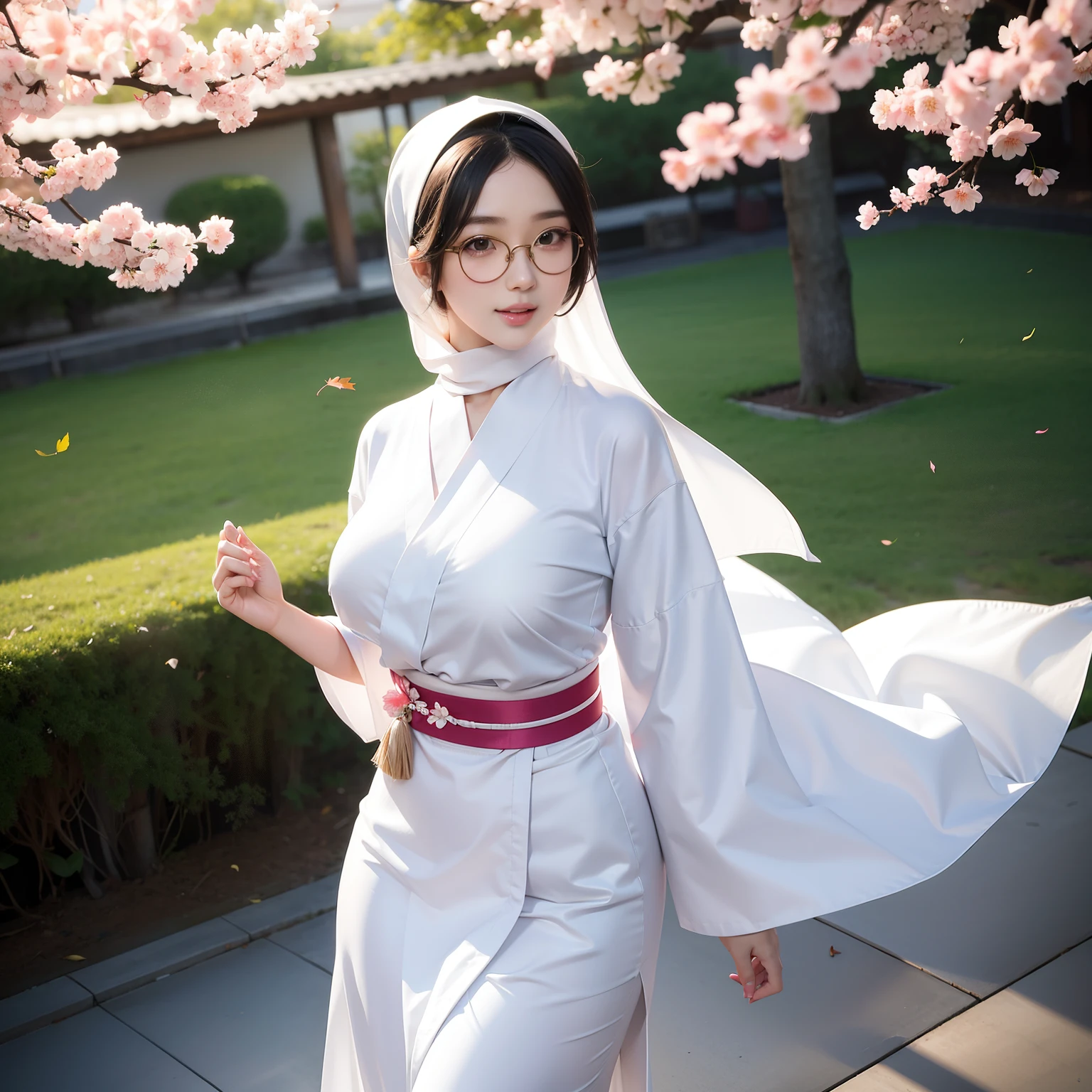 Pretty girl with beautyfull face wearing white yukata and hijab standing above sakura tree, ((hijab)), (eye glasses), oppai, stunning sexy photoshot, big breasts, korean model, beautifull korean girl, breast proportion, body proportions, nose proportions, lips proportions, cute face, sweet smile, masterpiece, realistic, bokeh, 4k, 8k, sun raise, floating sakura fall,