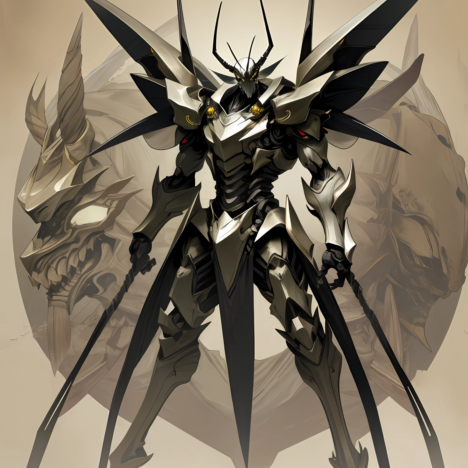 Insect humans、mantis、terrifying、Slender Macho Body、large limbs、Wearing metal armor、horns on the head、