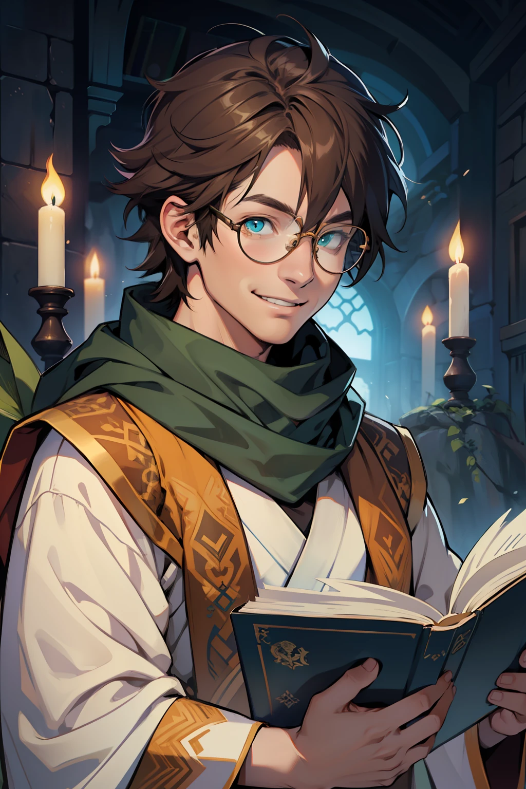 Vedalken race dnd, male, round glasses, brown straight hair like hidenori, green eye color, smiling, holding a floating magical blue stone, reading a book, wearing khaki color scarf, wearing white robe, wearing brown shirt, portrait, half body shot, wizard dnd