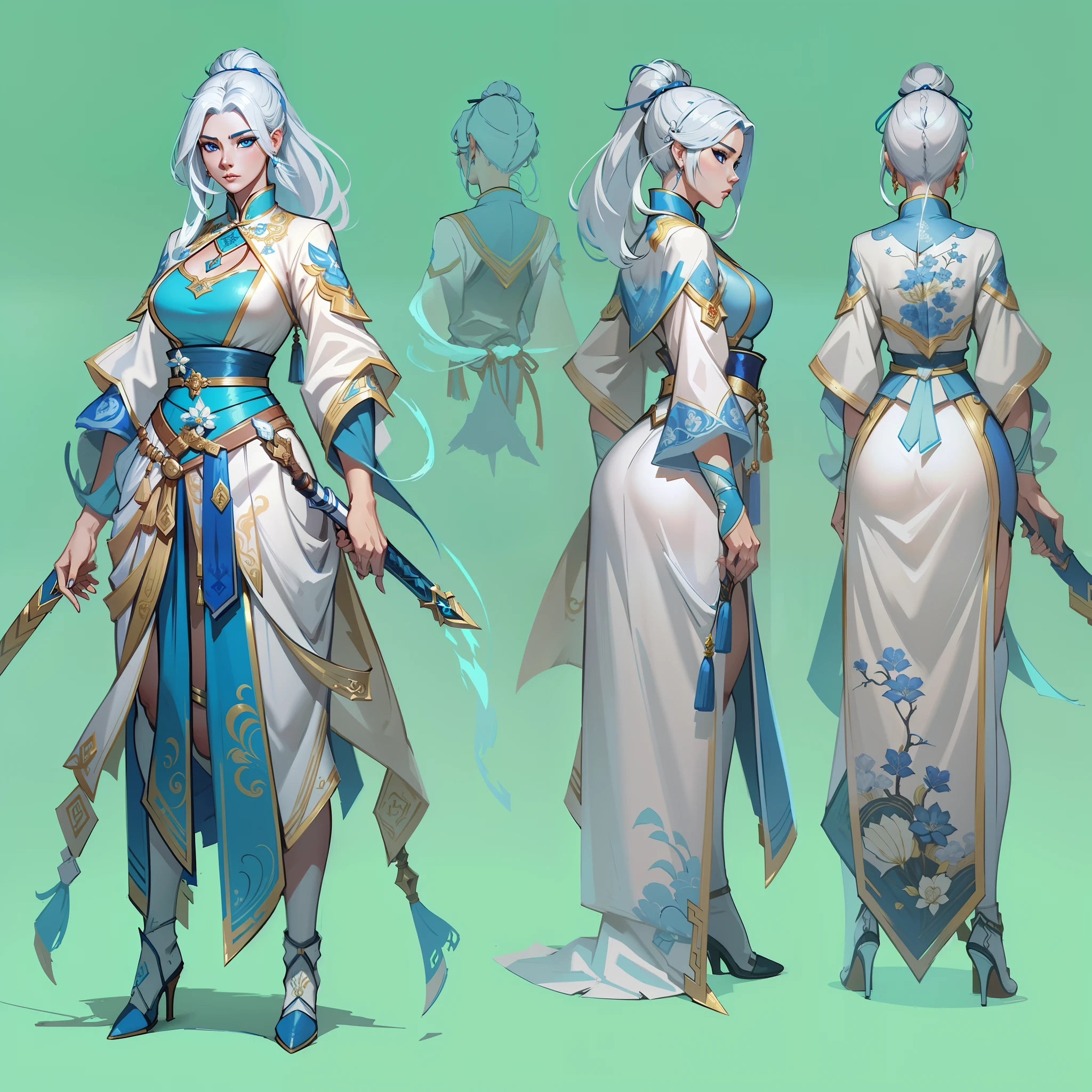 a close up of a strong amazon woman in her 30's, with blue eyes and white hair, wearing a blue and white victorian ballgown dress, a heroine with blue eyes, female swordswoman with ice power, middle-eastern princess, standing in a chinese temple, new costume concept design, in the style of blade and soul, full body character concept, detailed character design, inspired by Yang Jin, inspired by Li Mei-Shu, chinese costume, inspired by Lan Ying, inspired by Sim Sa-Jeong, inspired by Li Tang, lunar themed attire, costume with blue accents, inspired by Ju Lian, colored concept art, highly detailed character design, highly detailed face, inspired by Ai Xuan, very highly detailed face, unreal engine render, final fantasy 14 style, inspired by Leng Mei