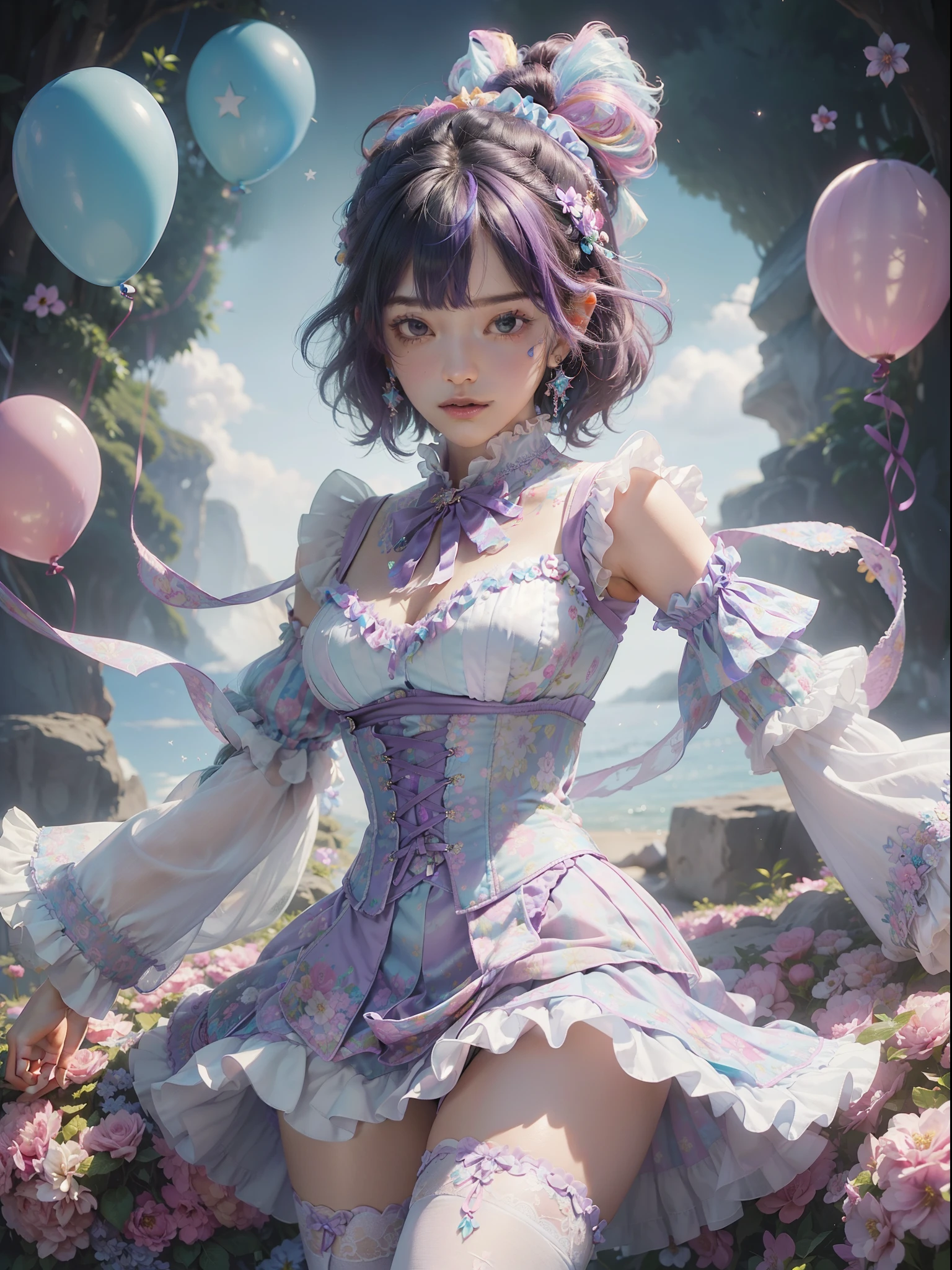 (tmasterpiece、top-quality、top-quality、offcial art、aestheticly pleasing:1.2)、(One girl:1.3)、A highly detailed、(Fractal art:1.1)、(extremely colorful:1.1)(florals:1.3)、The most detailed、(zentangle:1.2)、full body Esbian、(abstract backgrounds:1.3)、(shiny skins)、(many color:1.4)、、(耳?????? Ring)、(feater:1.5)、tmasterpiece、top-quality、top-quality、offcial art、aestheticly pleasing:1.2)、(1girl in)、The is very detailed、(Fractal art:1.3)、extremely colorful、highestdetailed、Purple hair、Perm of Kurukuru、short  cut、largeeyes、Women in Japan、(Ruffle frills, Chiffon lace ribbon suspenders, (Striped design pastel coloring dress), Large ribbon headband, Turn on color birth, ???? sleeves, Lace-up thin ribbon corset, Balloon skirt, White mesh stockings, Colorful star-shaped bead fittings)