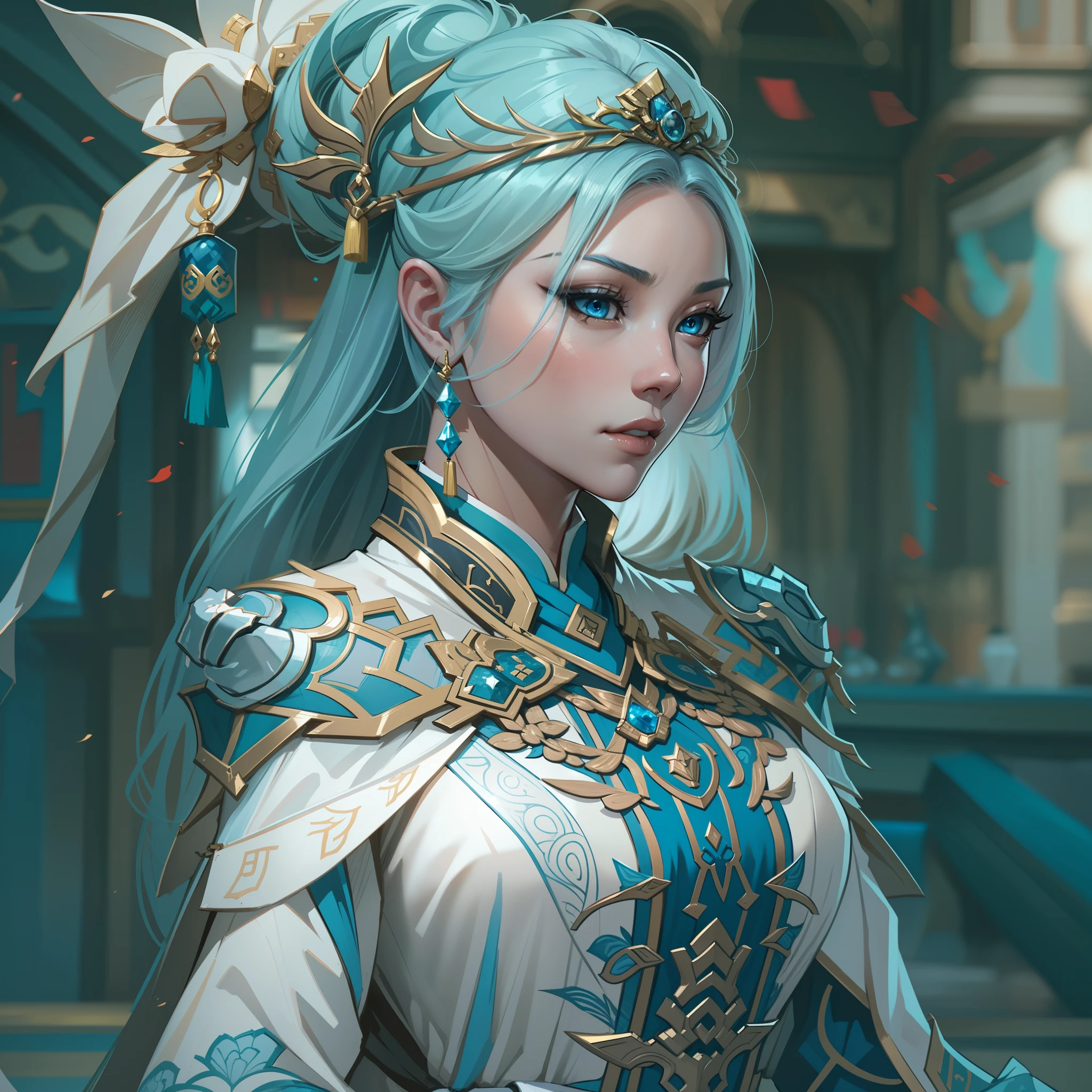 a close up of a strong amazon woman in her 30's, with blue eyes and white hair, wearing a blue and white victorian ballgown dress, a heroine with blue eyes, female swordswoman with ice power, middle-eastern princess, standing in a chinese temple, new costume concept design, in the style of blade and soul, full body character concept, detailed character design, inspired by Yang Jin, inspired by Li Mei-Shu, chinese costume, inspired by Lan Ying, inspired by Sim Sa-Jeong, inspired by Li Tang, lunar themed attire, costume with blue accents, inspired by Ju Lian, colored concept art, highly detailed character design, highly detailed face, inspired by Ai Xuan, very highly detailed face, unreal engine render, final fantasy 14 style, inspired by Leng Mei