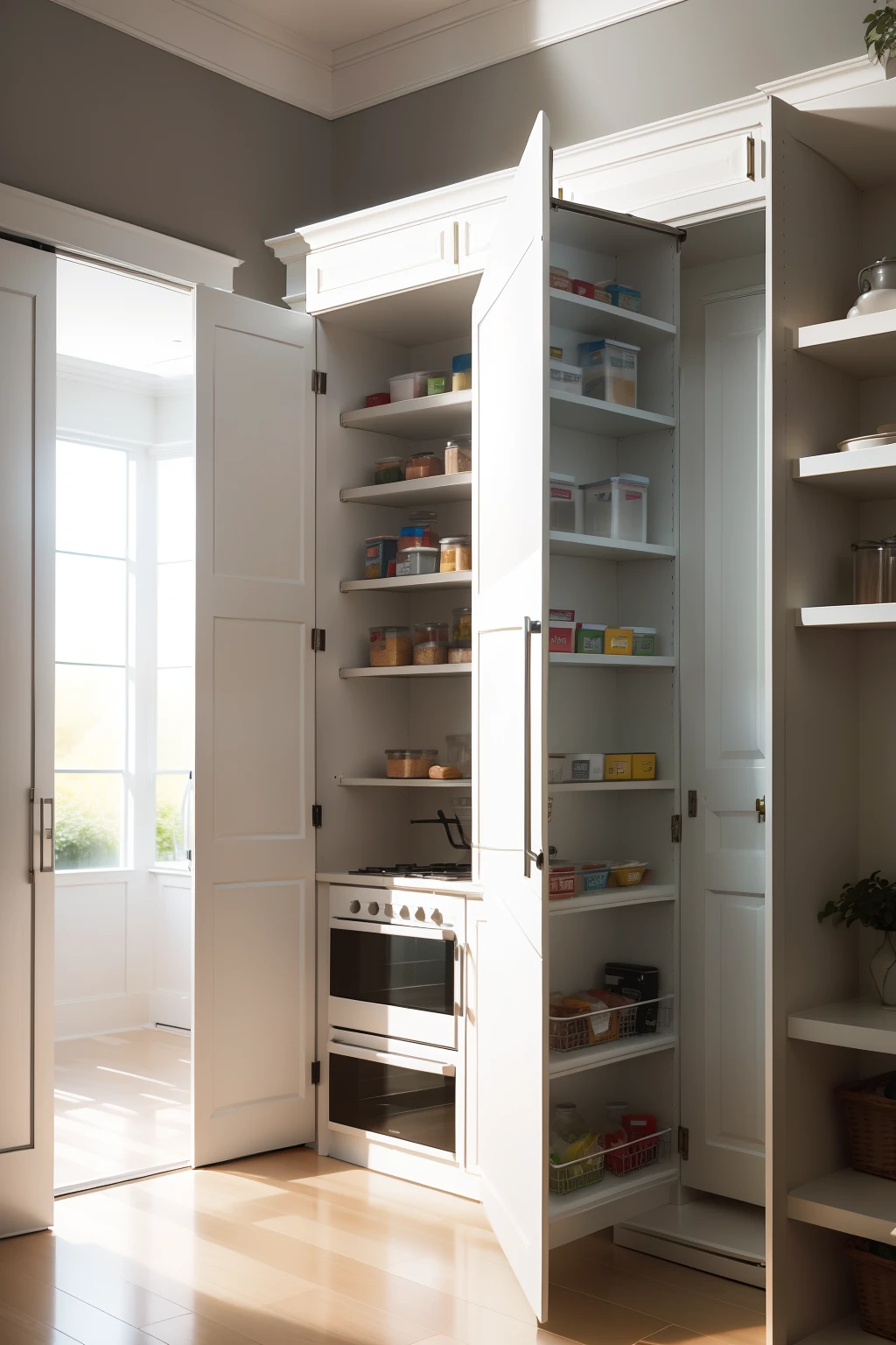 Make a pantry to store groceries, assorted, modern, colorful appliances. Cabinets with sliding doors, open shelves should compose the environment that is illuminated with white light, ie lighting temperature 6000k. in this environment there is a woman with an elegant appearance with long blonde hair, messing with the closed bookcase. Cabinets in white color.