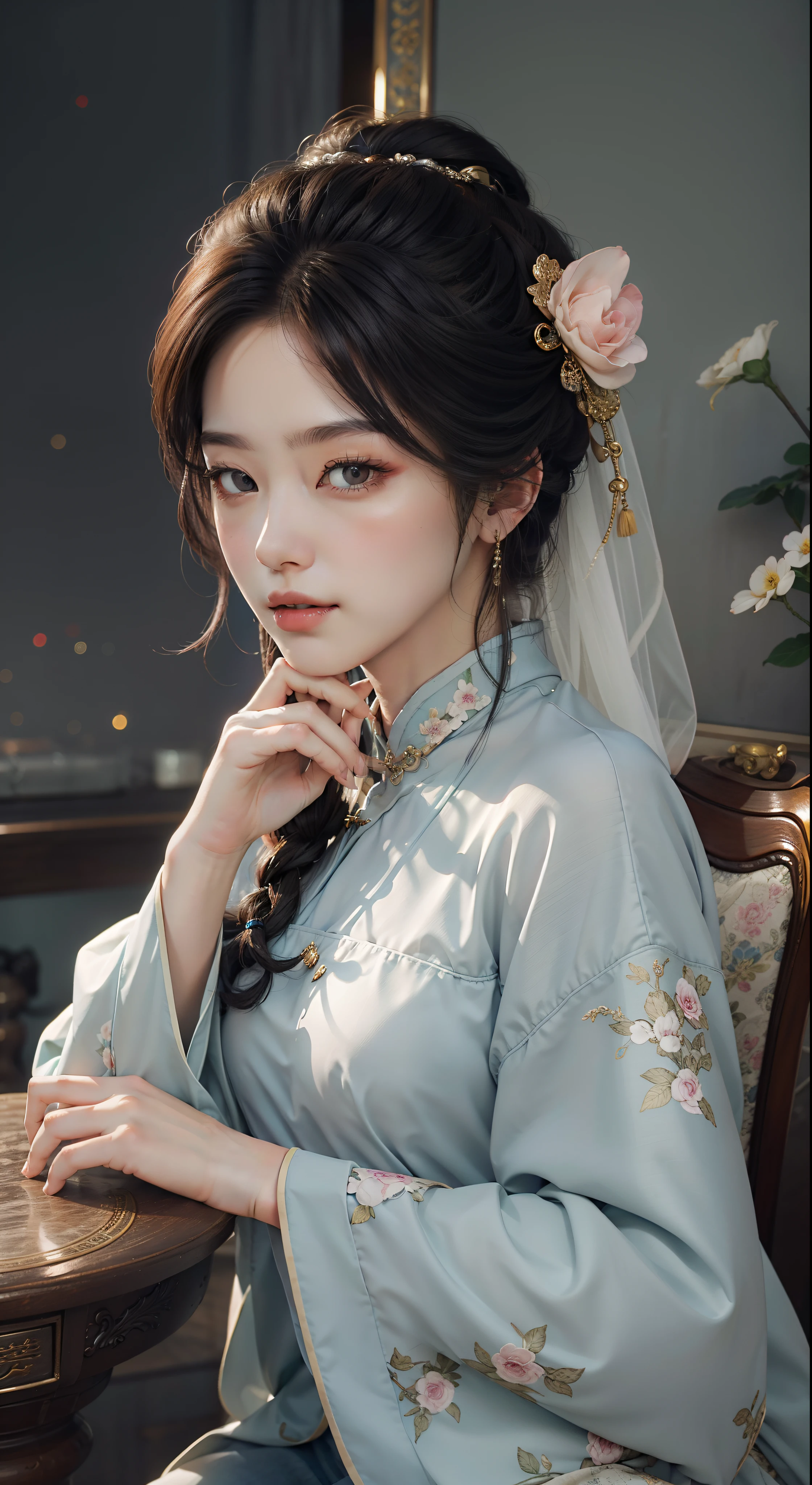 (tmasterpiece,Best quality at best,Beautiful quality,looking at viewert,Detailed lighting,Extremely detailed skin,Extremely detailed hair,Extremely detailed teeth,shadowing,8K:1.2),(photograph of a woman,1girll:1.2),cheongsam:0.8