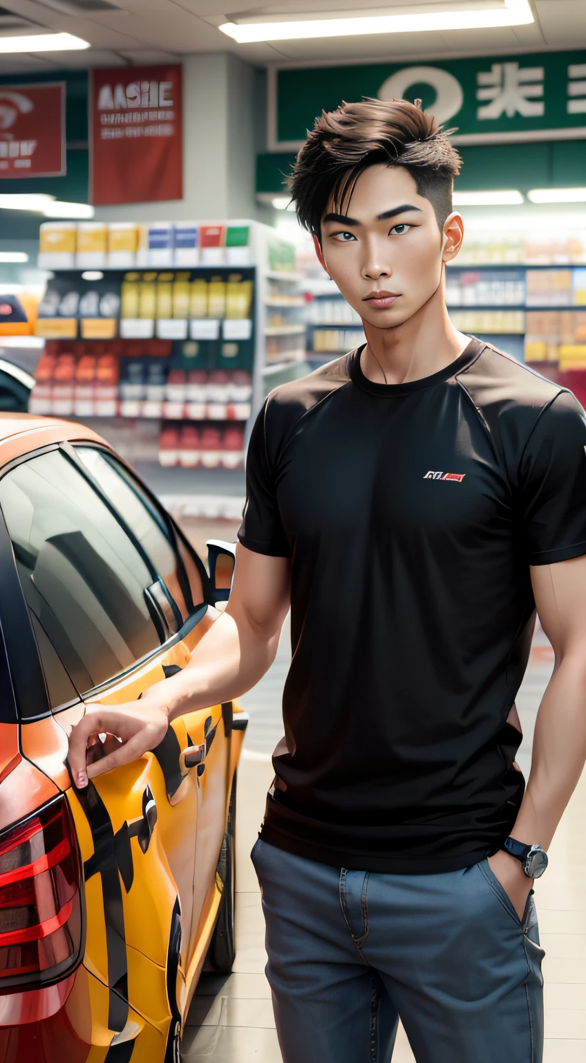 Male with 2 Asian faces，Shop for car supplies in casual wear at the auto supply supermarket，sface focus，Extreme depiction of facial detail