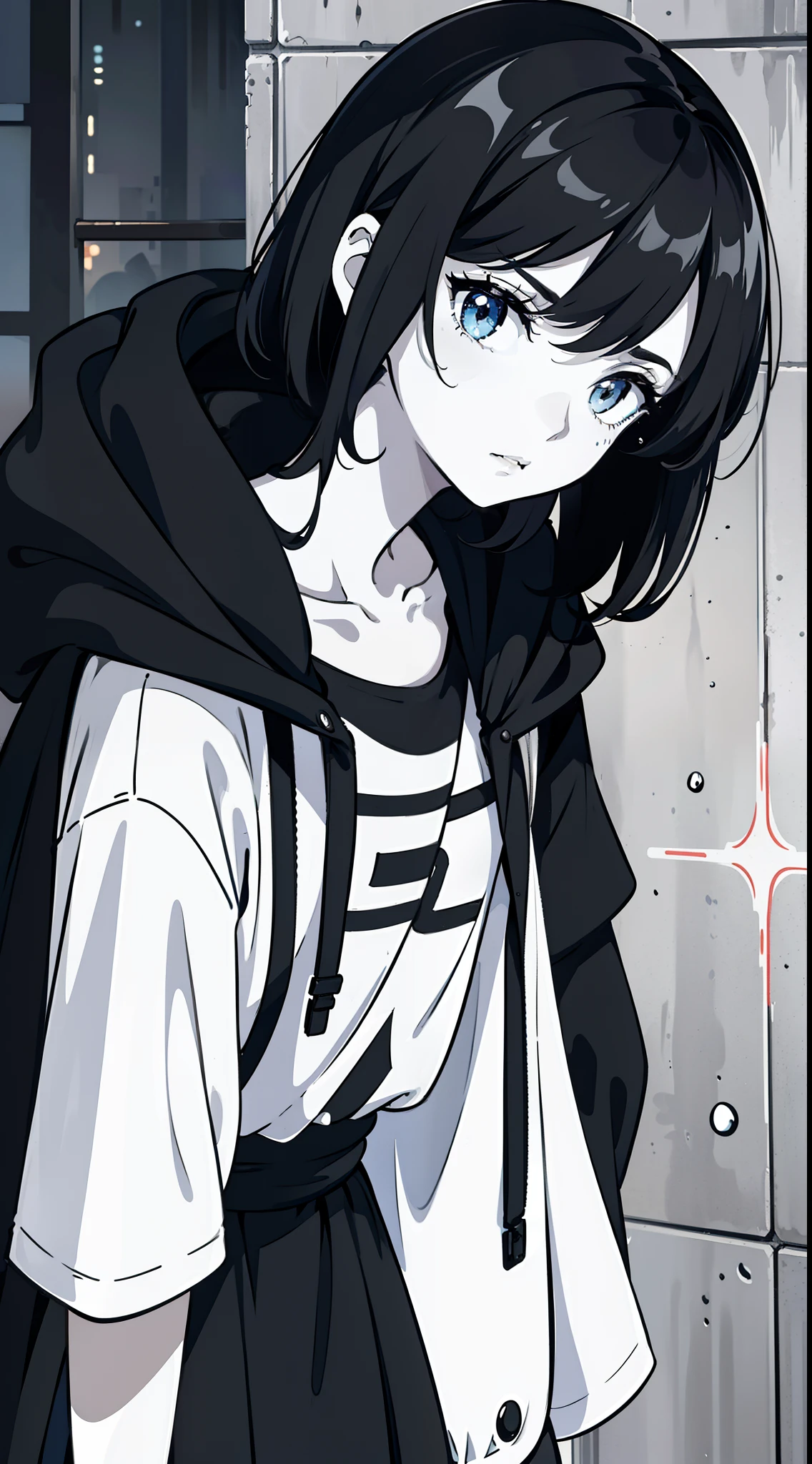 girl, side portrait, black and white, messy short hair, edgy accessories,sporty style, casual t-shirt, confident gaze, monochrome color scheme, looking to the side, chic street fashion,((a person)),(long hair),Rainy weather,water droplets falling,Hood attached to jacket, cloak or coat