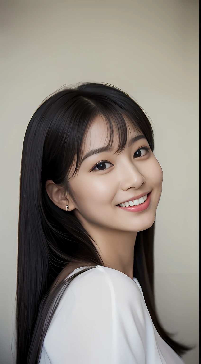 ((Best Quality, 8K, masutepiece:1.3)), beautiful Girl, pure, Melon face, gentle and cute, Sweet smile, pure lust, Thin body, (Frontal), (Head Tilted), Looking directly at the camera, uniform, Obi, Formal, Black silky long straight hair, long hair flowing over the shoulders, round black big eyes, clear big eyes, Moist red lips, Dolce, Sitting on the edge of the bed, Home background,Raw photo