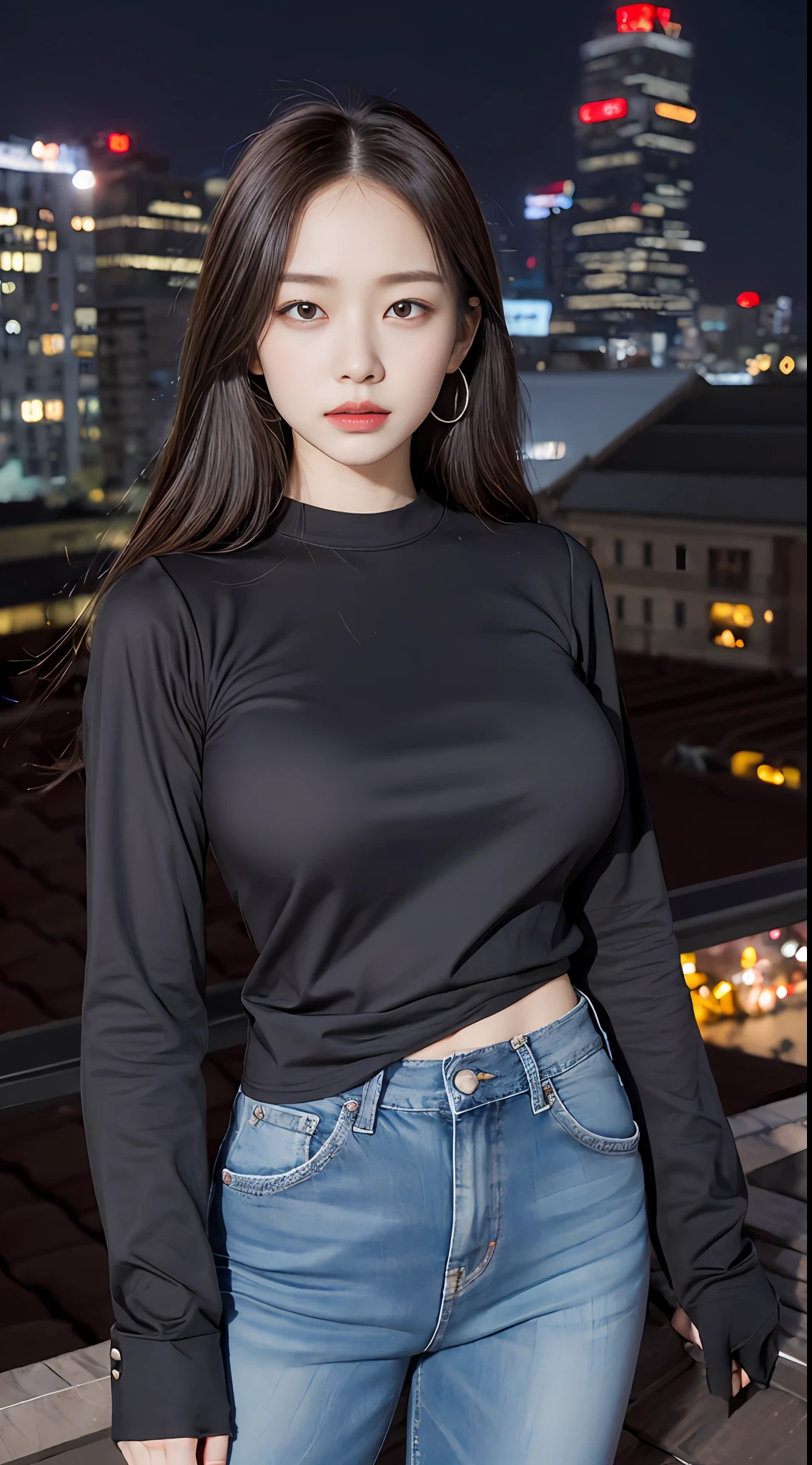((Midnight, Acura, 8K, masutepiece: 1.3)), Full body, Long legs, Focal length: 1.2, Perfect Body Beauty: 1.4, Slim abs: 1.1, ((dark brown hair, Big breasts: 1.0 )), (White Skinny T-Shirt, Denim Biggets, Standing: 1.2), ((City Night View, roof: 1.3)), Highly detailed face and skin texture, Detailed eyes, Double eyelids