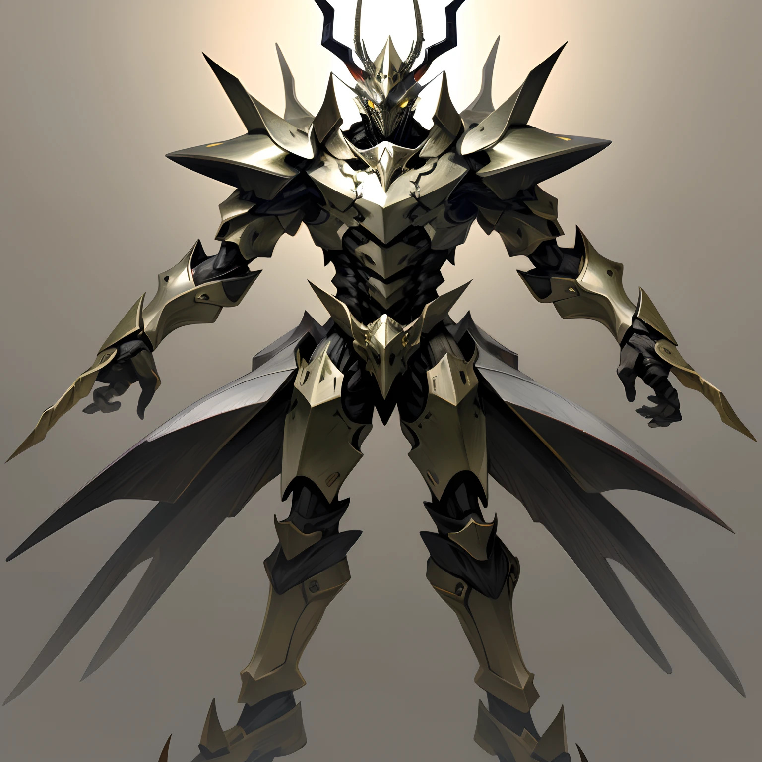 Insect humans、mantis、terrifying、Slender Macho Body、large limbs、Wearing metal armor、horns on the head、
