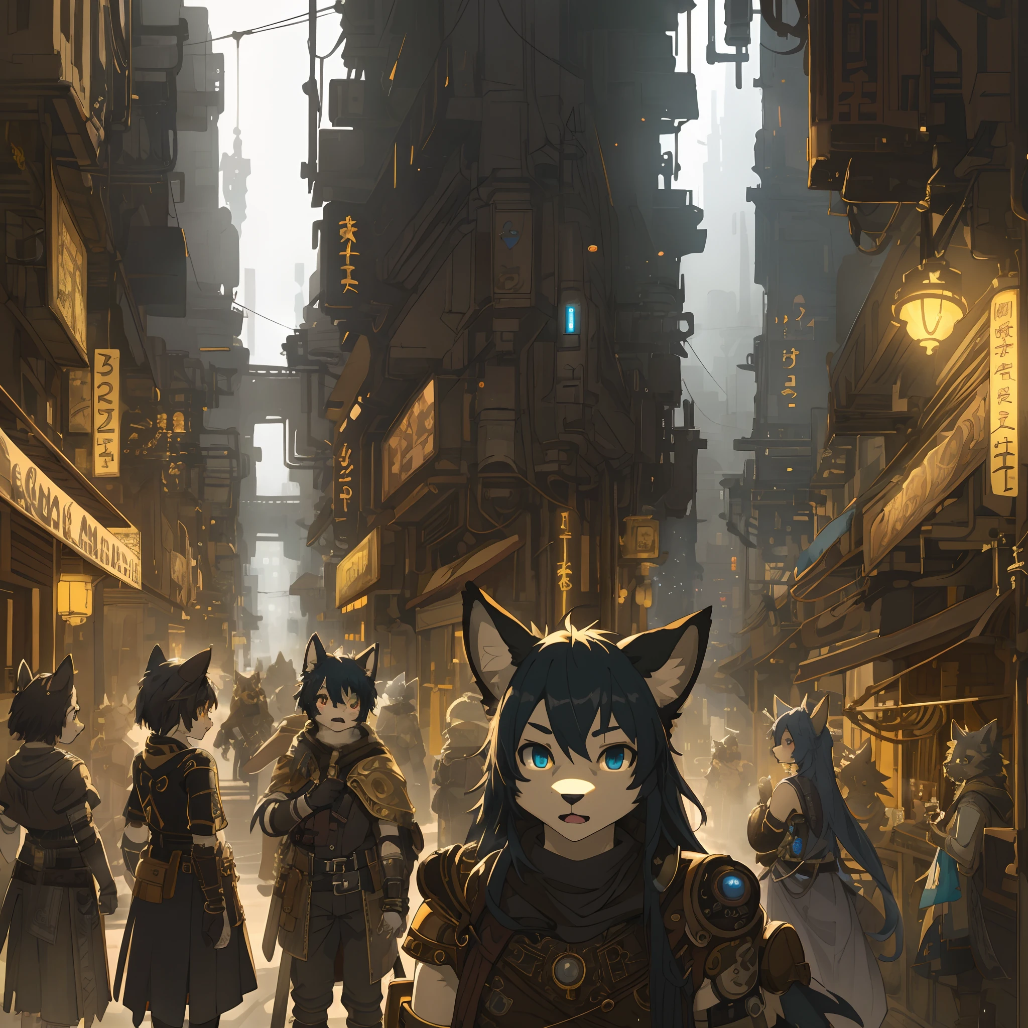 top quality, best quality, High-quality illustrations, masterpiece, super high resolution, detailed background, Dark Fantasy, Cyberpunk, steam punk, 6+boys, 6+girls, absurdres(highly detailed beautiful face and eyes)perfect anatomy, expression, good lighting, cinematic shadow(kemono, furry anthro)assorted poses, dynamic angle,