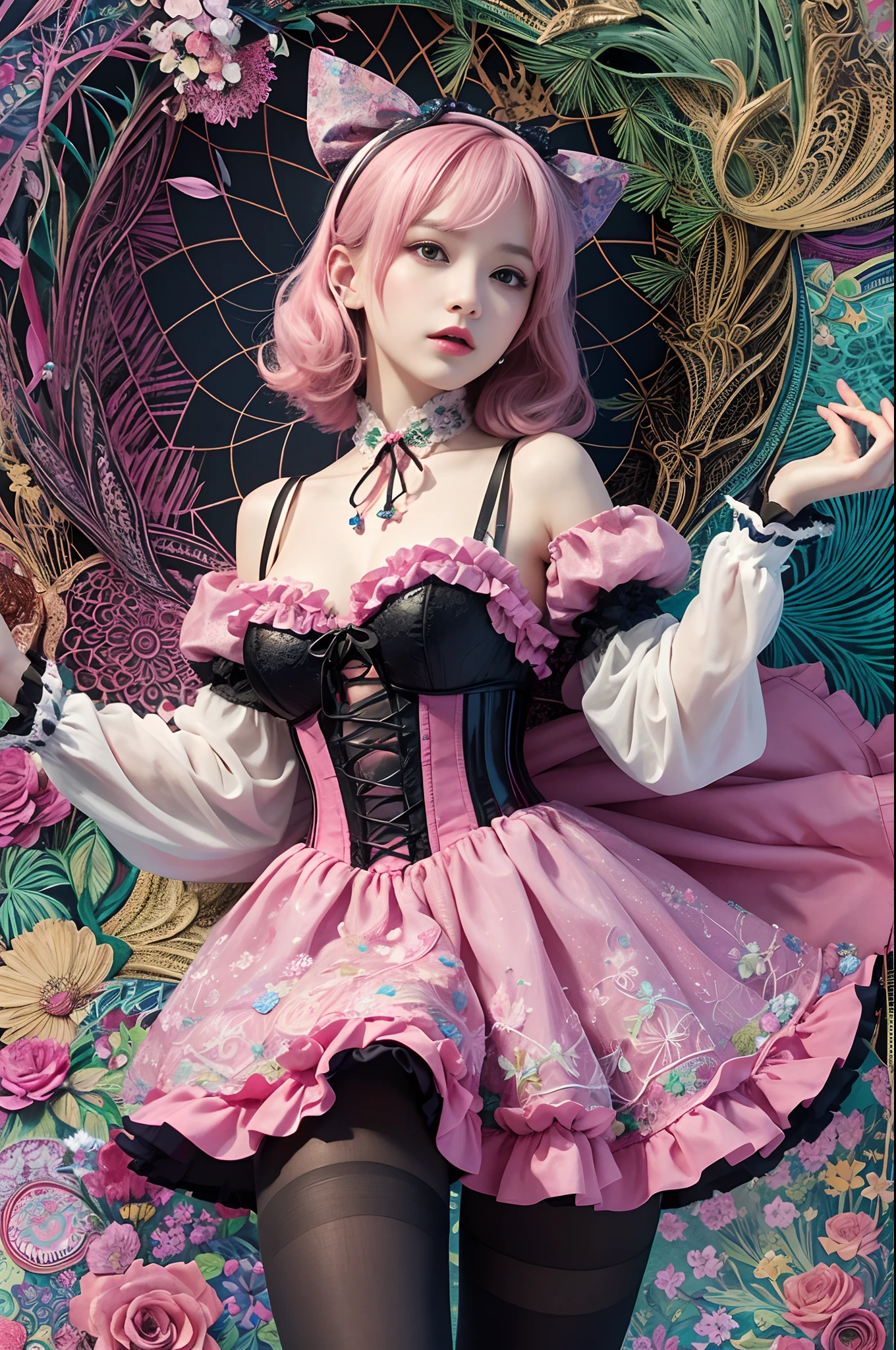 (masterpiece、top-quality、top-quality、Official art、Beautifully Aesthetic:1.2)、(One girl:1.3)、A highly detailed、(Fractal Art:1.1)、(colourfull:1.1)(florals:1.3)、The most detailed、(Zentangle:1.2)、full body Esbian、(Abstract background:1.3)、(shinny skin)、(Many colors:1.4)、、(耳Nipple Ring)、(pluma:1.5)、masterpiece、top-quality、top-quality、Official art、Beautifully Aesthetic:1.2)、(1girl in)、ighly detailed、(Fractal Art:1.3)、colourfull、highestdetailed、Pink hair、Perm of Kurukuru、short-cut、big eye、Women in Japan、(Ruffle frills, Chiffon Lace Ribbon Suspenders, (Stripe Design Pastel Coloring Dress), Big Ribbon Headband, Open Colorborn, puff sleeves, Tied thin ribbon corset, Balloon skirt, White Net Tights, Colorful star-shaped bead accessories)