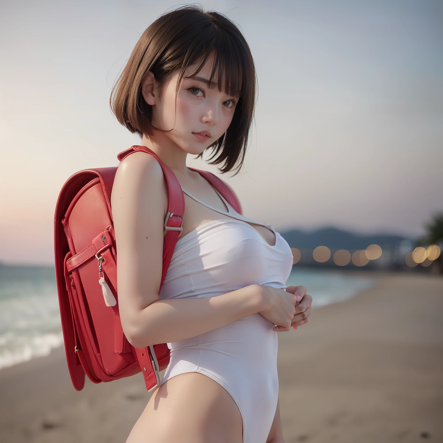 ((highest quality)),((super high quality))), beach in the evening, (((20-year-old cute college girl))), ((hair is short bob)),((medium breasts)),((wearing a tube-top swimsuit)),(high quality photo with full body))),((protruding beautiful nipple shape)))), wearing randoseru backpack, side view, (randoseru backpack:1.0)