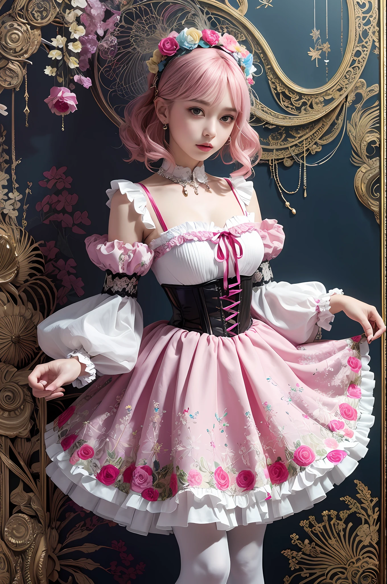 (masterpiece、top-quality、top-quality、Official art、Beautifully Aesthetic:1.2)、(One girl:1.3)、A highly detailed、(Fractal Art:1.1)、(colourfull:1.1)(florals:1.3)、The most detailed、(Zentangle:1.2)、full body Esbian、(Abstract background:1.3)、(shinny skin)、(Many colors:1.4)、、(耳Nipple Ring)、(pluma:1.5)、masterpiece、top-quality、top-quality、Official art、Beautifully Aesthetic:1.2)、(1girl in)、ighly detailed、(Fractal Art:1.3)、colourfull、highestdetailed、Pink hair、Perm of Kurukuru、short-cut、big eye、Women in Japan、(Ruffle frills, Chiffon Lace Ribbon Suspenders, (Stripe Design Pastel Coloring Dress), Big Ribbon Headband, Open Colorborn, puff sleeves, Tied thin ribbon corset, Balloon skirt, White Net Tights, Colorful star-shaped bead accessories)