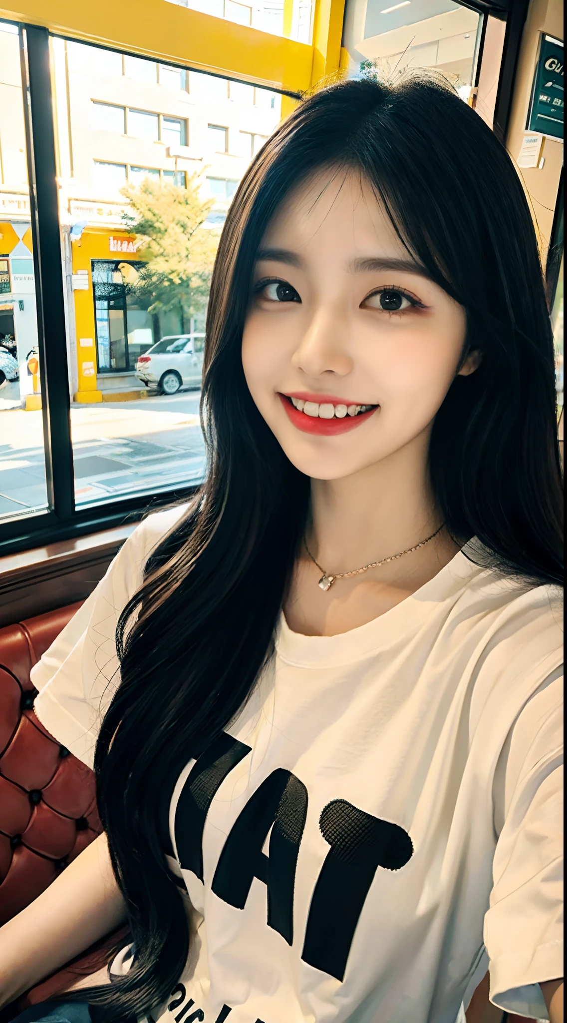 masterpiece of best quality, a woman wearing a tooth caries shows her devotion in a downtown café, with a bright expression and a toxic style, through the large windows in the warm sunshine.tshirts、