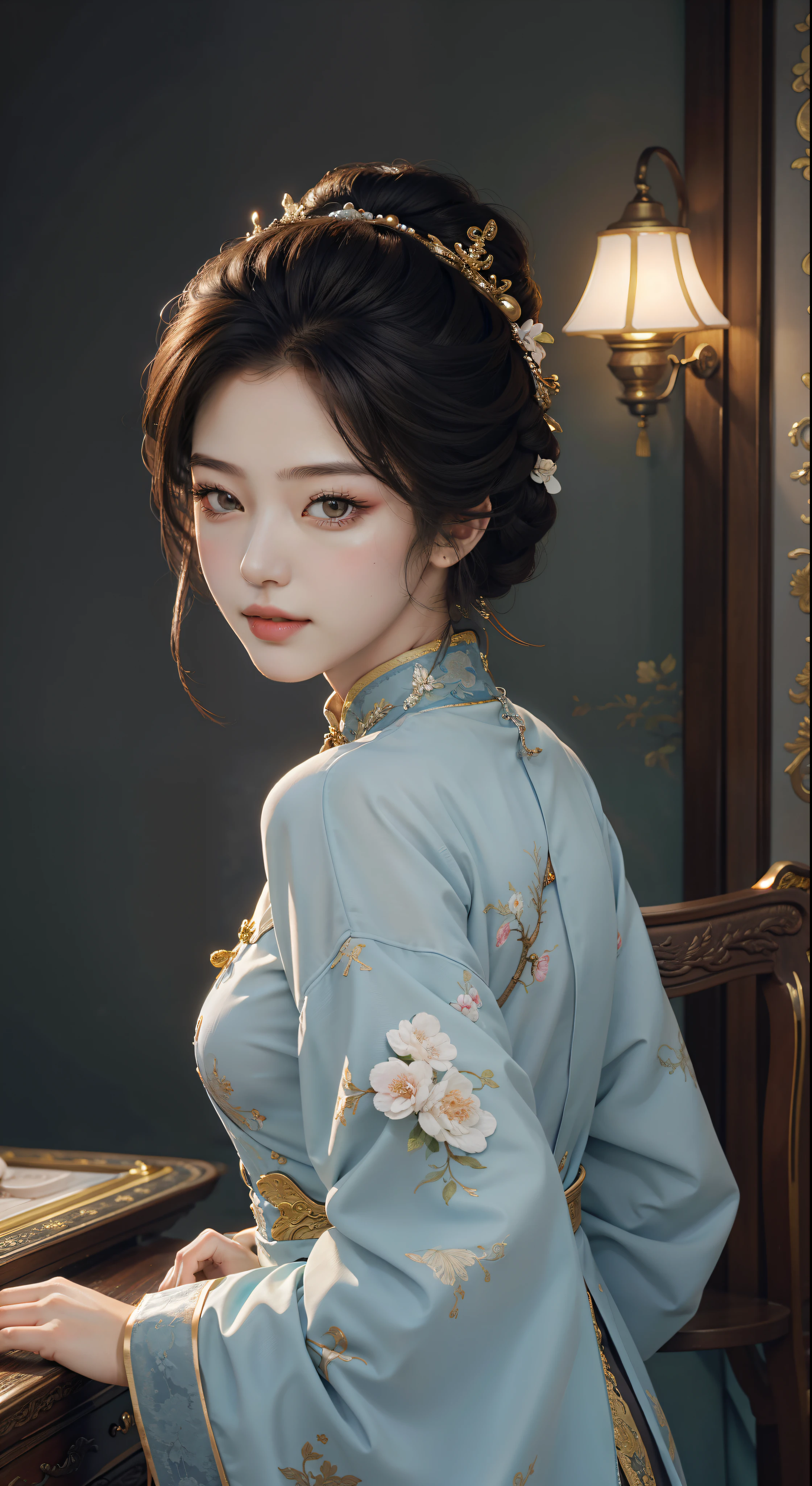 （tmasterpiece，Best quality at best，Beautiful quality，looking at viewert，Detailed lighting，Extremely detailed skin，Extremely detailed hair，Extremely detailed teeth，shadowing，8K：1.2），（photograph of a woman，1girll：1.2），cheongsam:0.8