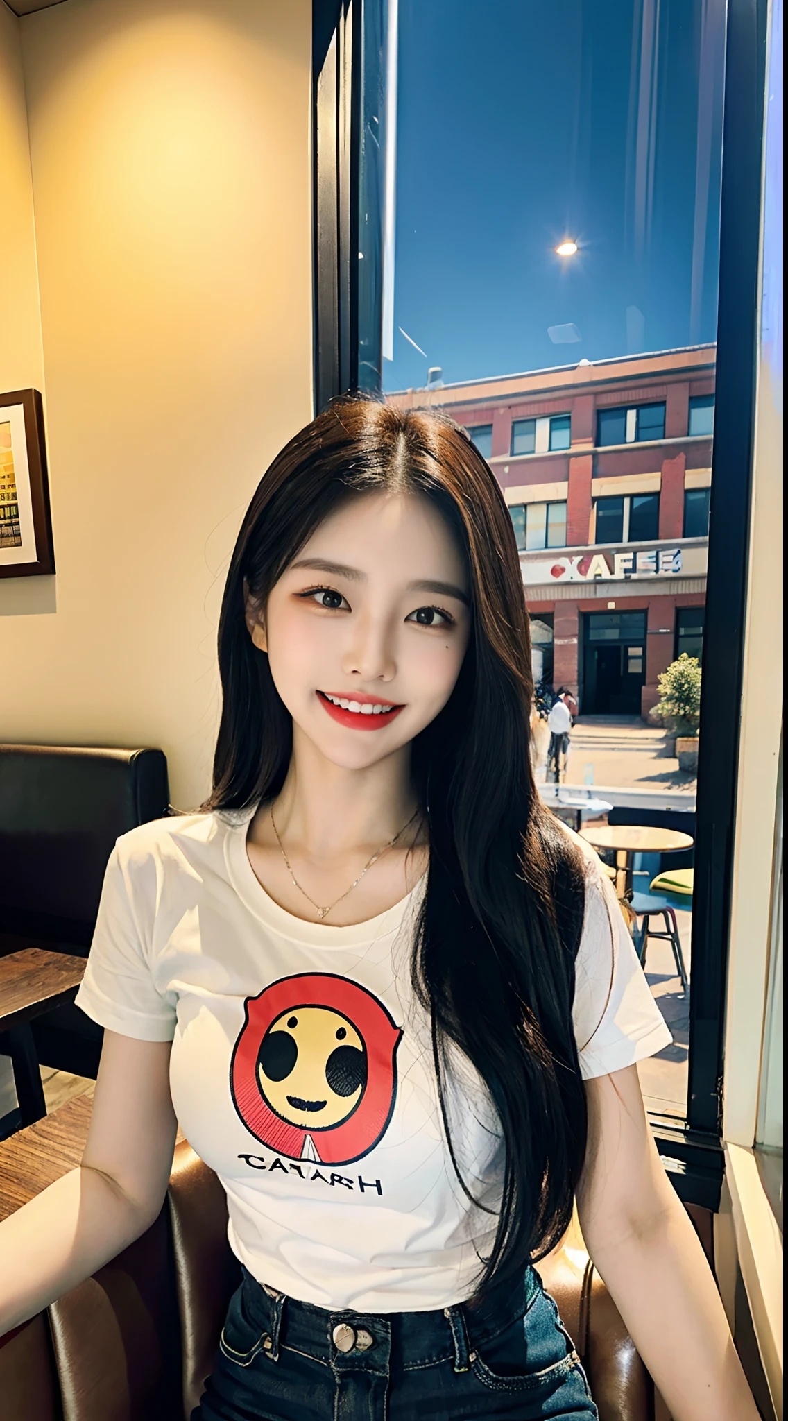 masterpiece of best quality, a woman wearing a tooth caries shows her devotion in a downtown café, with a bright expression and a toxic style, through the large windows in the warm sunshine.tshirts、爆乳、full bodyesbian、