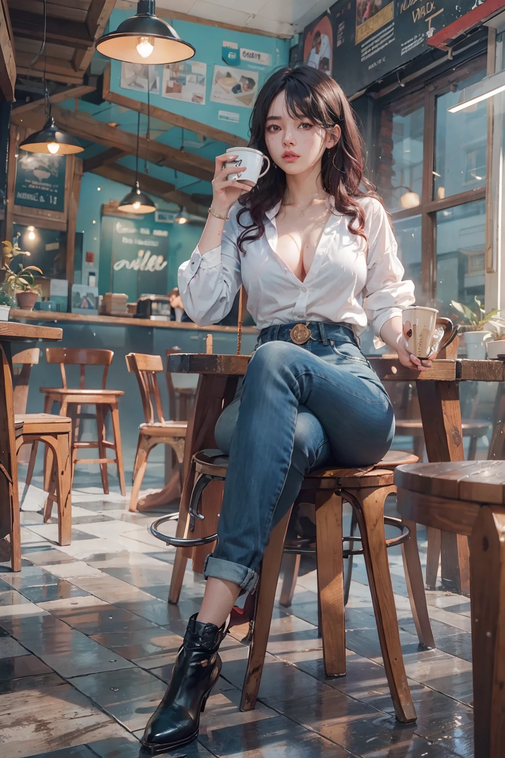 Black hair, 1girll, In the café, sit on chair, drinking a coffee, White neckline shirt, denim short, To the audience, Sit with your legs crossed, mediuml breasts, Thin waist and thick hips, juicy legs, perfect bodies, The weather is hot, Sweat, wet see through clothes, Red hair, Curly hair, Moles under eyes, Moaning, surrealism, Verism, Fuji colors, Cowboy shot, in a panoramic view, 8K, Super detail, Anatomically correct, hyper HD, hyper HD, Super detail, Masterpiece