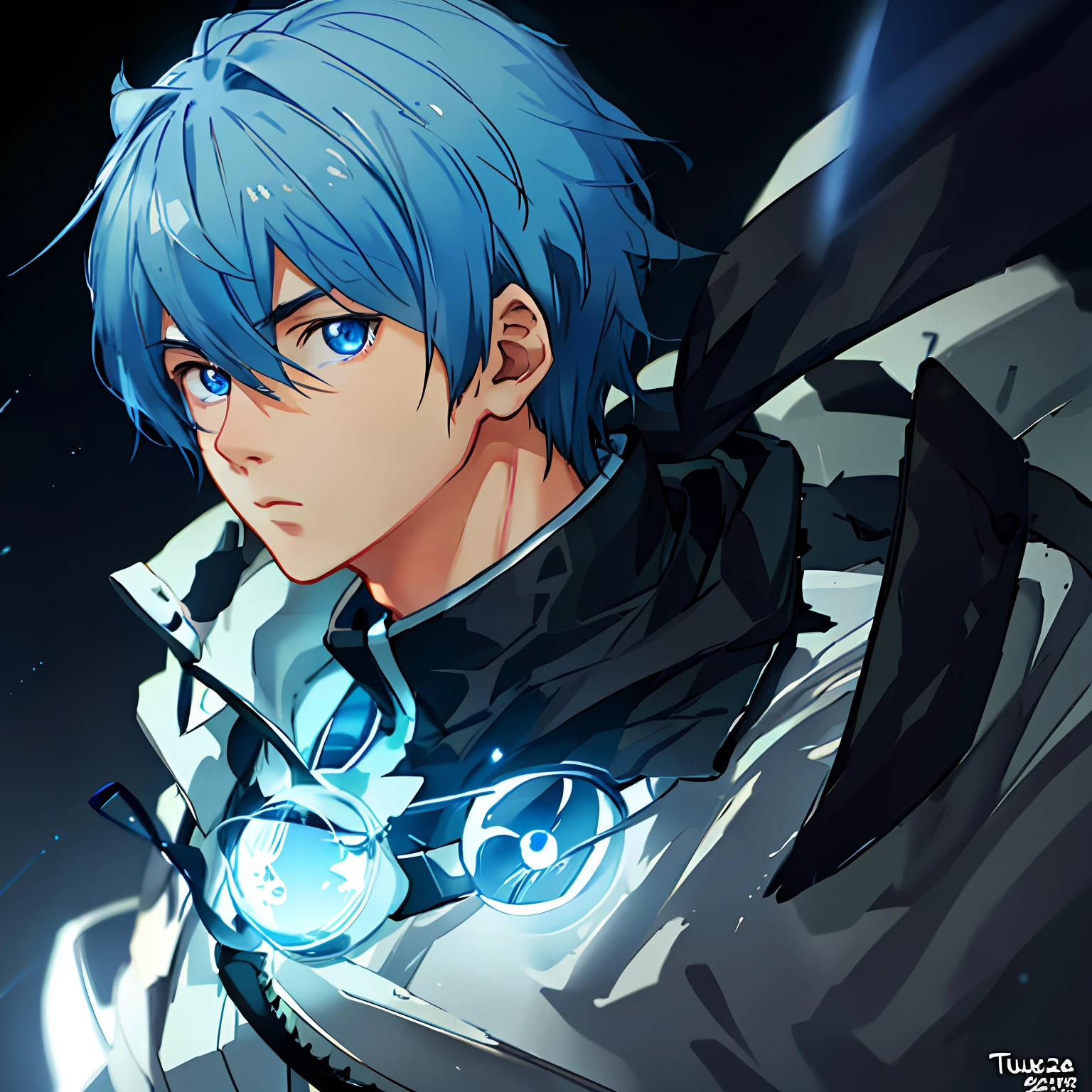 Anime boy staring at the moon,Blue light shines down, with glowing blue lights, , tsuaii, 8K!, with huge luminous sad eyes,