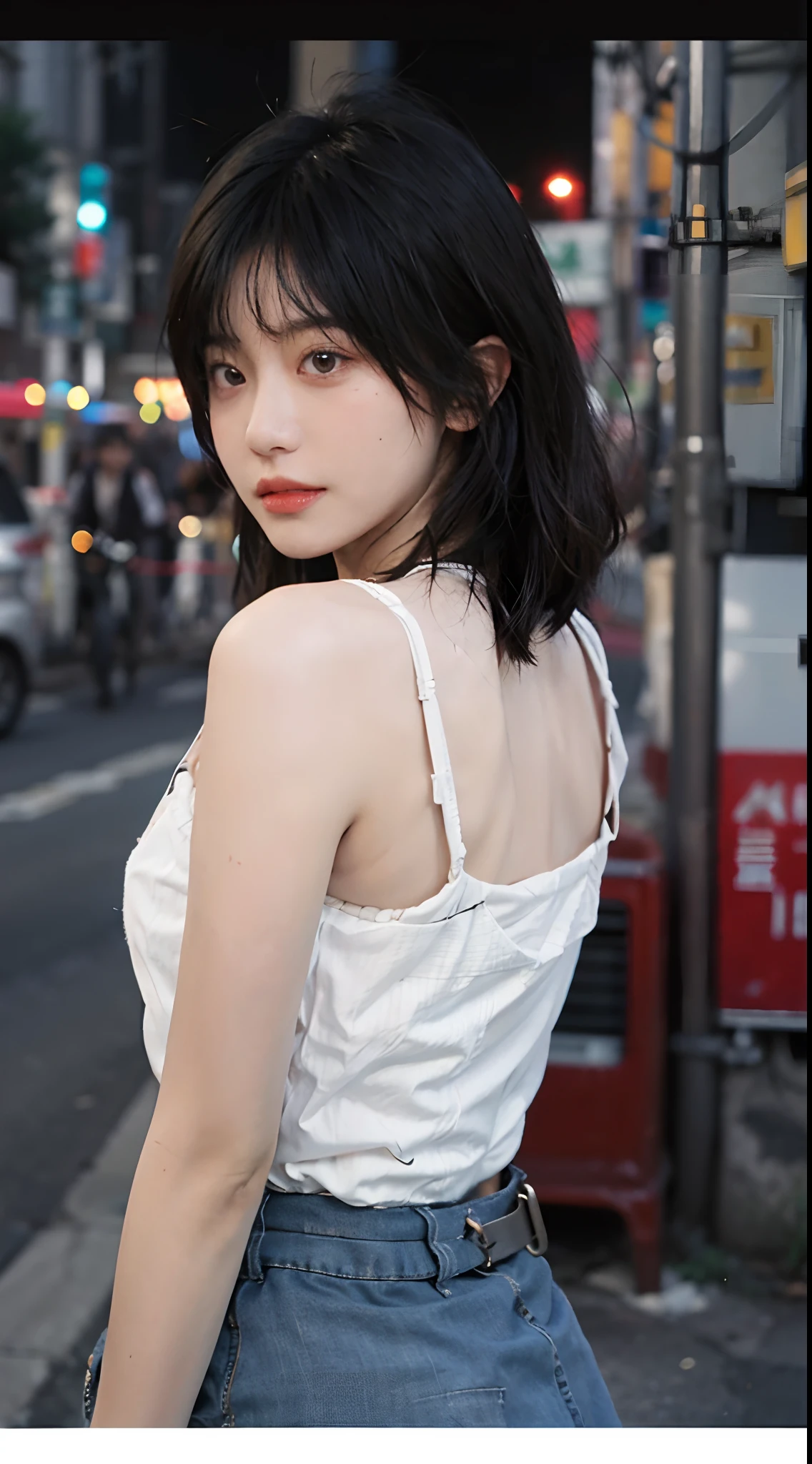 best qualtiy， 超高分辨率， （realisticlying：1.4），2 girls ，Focus:1.2, perfect figure beautiful woman:1.4 , pelo rojo corto，(Streets at night:1.3), Highly detailed facial and skin texture, head straight-looking at viewer，A detailed eye, 二重まぶた，Red lips，eye shadows，Whiten skin，(Air bangs:1.3),,(White thin strap top:1.4)