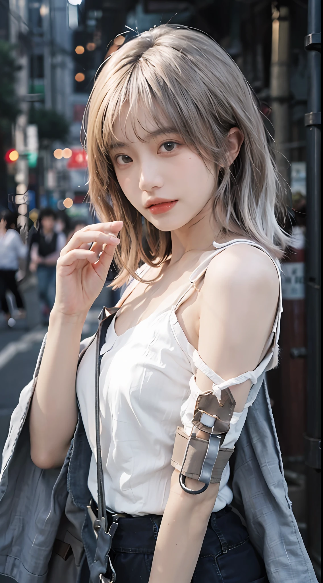 best qualtiy, 超高分辨率, (realisticlying:1.4),2 girls ,Focus:1.2, perfect figure beautiful woman:1.4 , pelo rojo corto,(Streets at night:1.3), Highly detailed facial and skin texture, head straight-looking at viewer,A detailed eye, 二重まぶた,Red lips,eye shadows,Whiten skin,(Air bangs:1.3),,(White thin strap top:1.4)