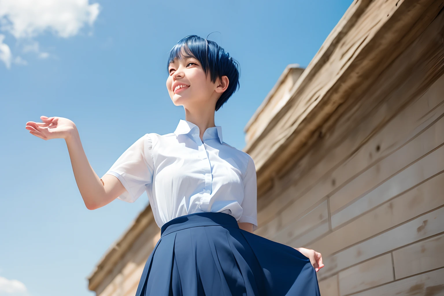(long shot:1.5),film photography,(from below:0.7),Pentax photography,
(blue sky:1.5),solo,A girl with (((short hair))) and a (bright smile) wore (white collared shirt&blue long skirt),with her locks floating around her face.(look looking at viewer:1.2),