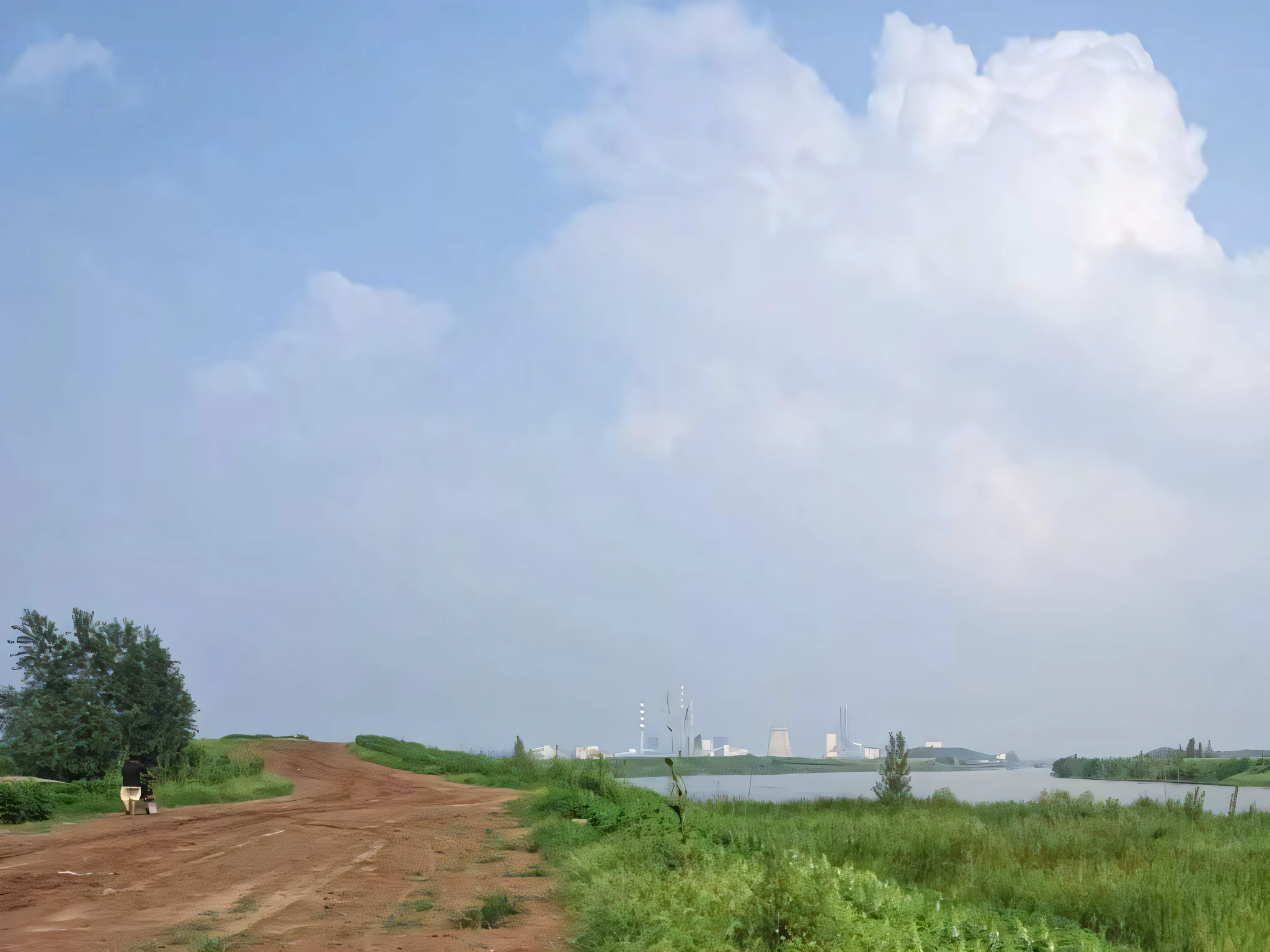 There is a dirt road by the river, river confluence, paddy fields and river flowing, visto ao longe, close river bank, wide river and lake, river with low hanging plants, Landscape view, idyllic and fruitful land, visto ao longe, Swamp vegetation, near a river, Lake in the distance, nile river environment, river in the background