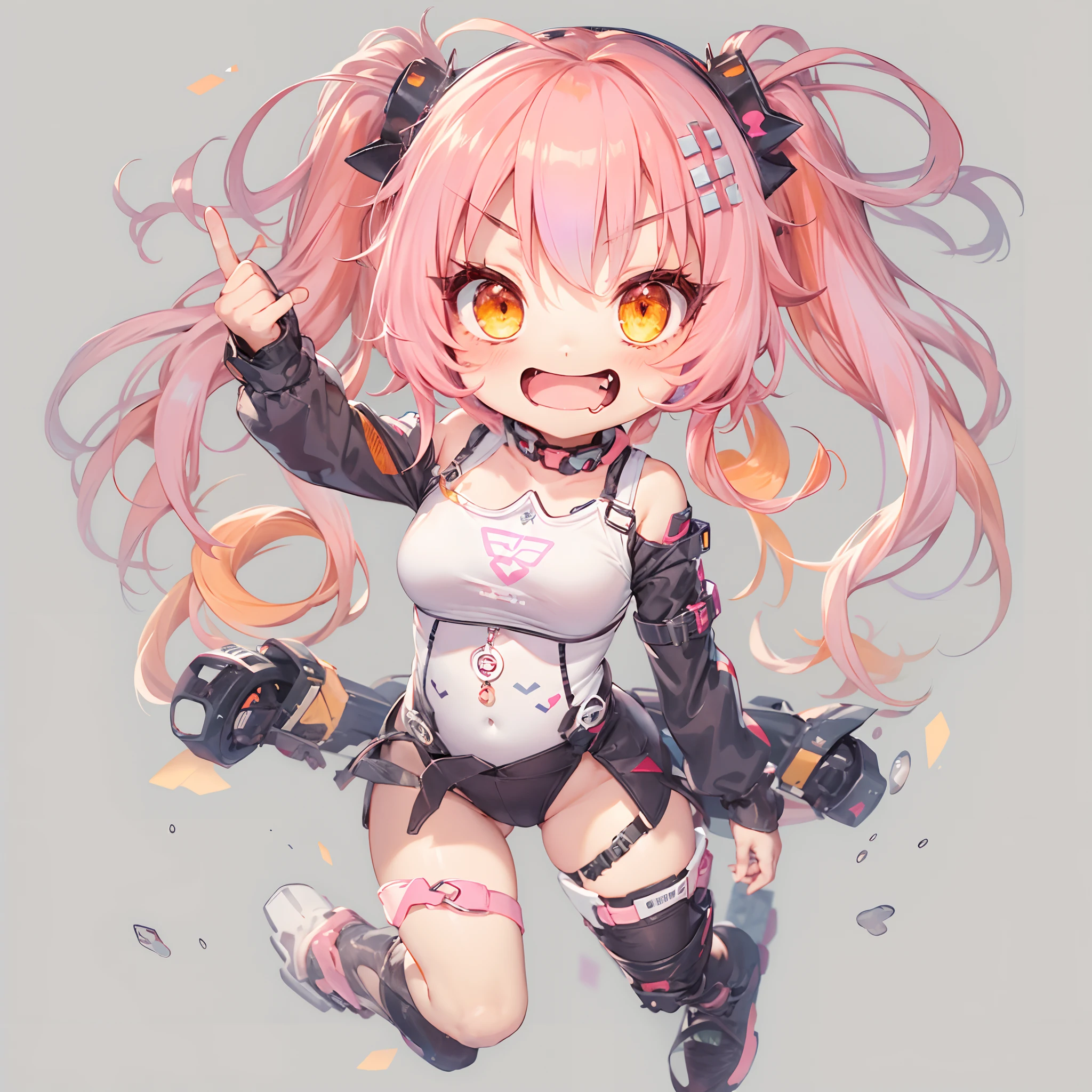 1girl, pale skin, chibi, petite, navel, thighs, loli, small breasts, orange eyes, (((evil smile))), pink hair, multicolored hair, medium hair, messy hair, low twintails, ahoge, hair over one eye,full body, (((bodysuit))), upright, looking at viewer