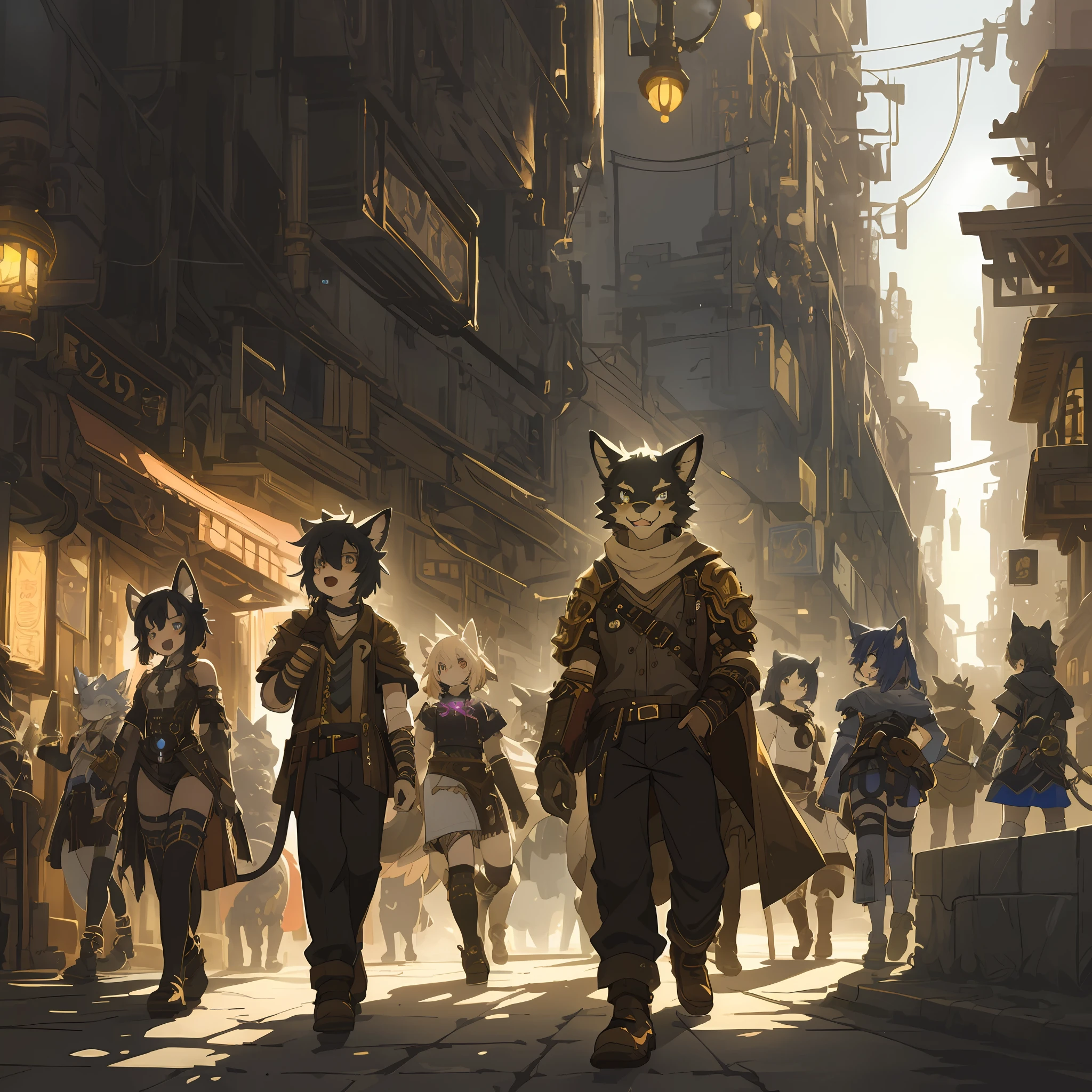 top quality, best quality, High-quality illustrations, masterpiece, super high resolution, detailed background, Dark Fantasy, Cyberpunk, steam punk, 6+boys, 6+girls, absurdres(highly detailed beautiful face and eyes)perfect anatomy, expression, good lighting, cinematic shadow(kemono, furry anthro)assorted poses, dynamic angle,