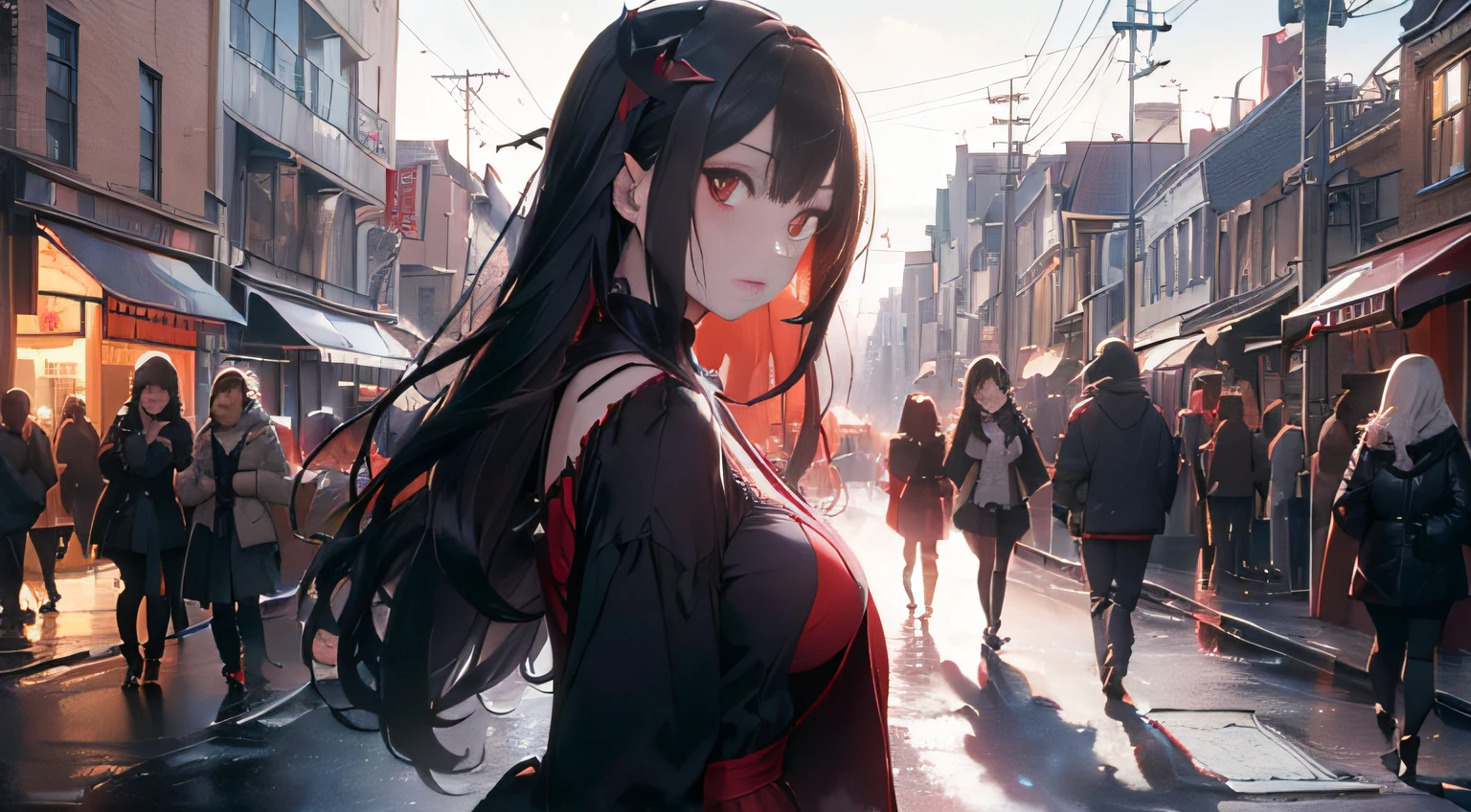 (((Top quality and highly detailed photorealism)))，((Vampire Woman: Red Eyes、Very sensual),(Walk gracefully along bustling urban boulevards),(In the moonlight),(a scene from a movie:1.2))