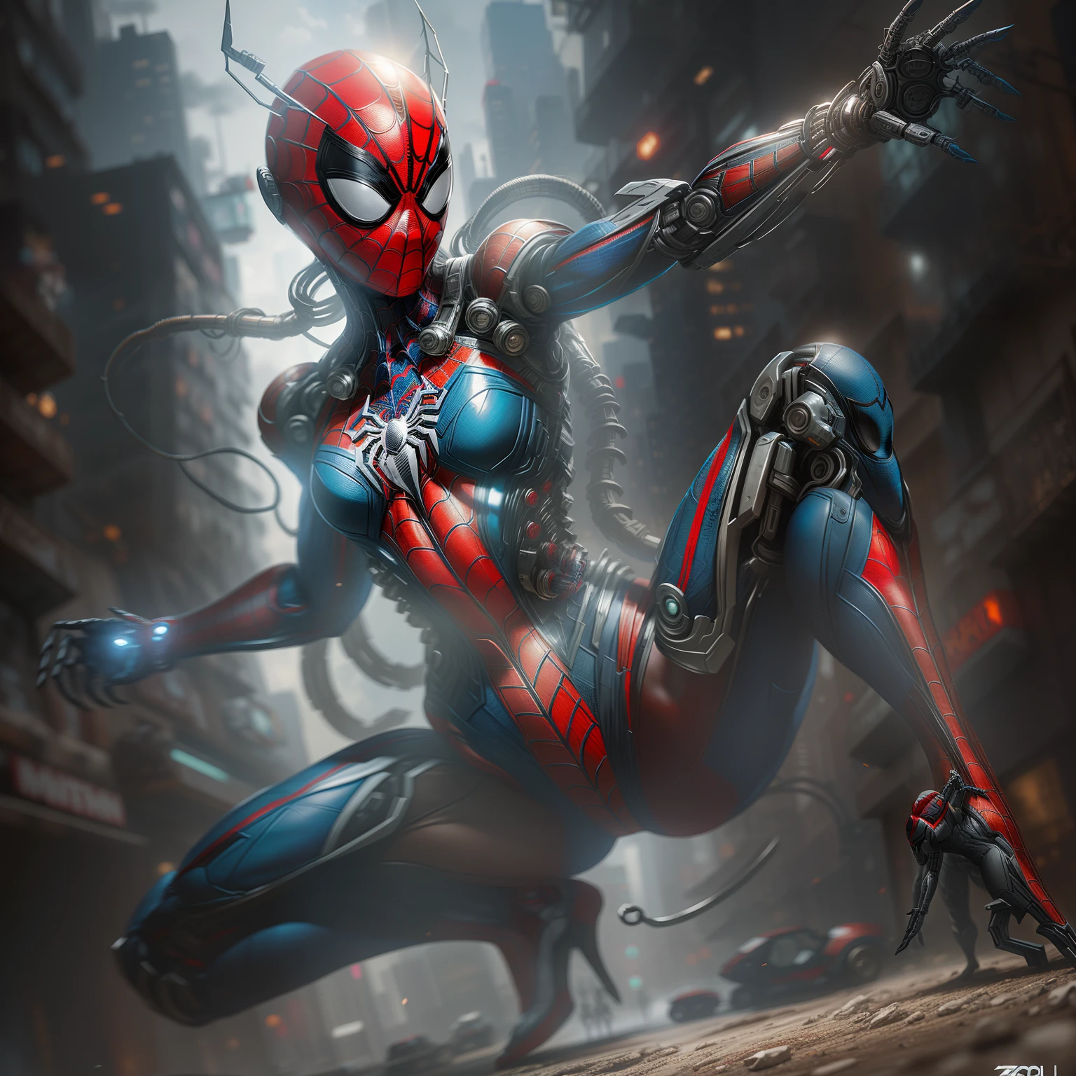 photo of Woman dressed as Spider-Man from Marvel, biomechanical, complex robot, full growth, hyper-realistic, insane small details, extremely clean lines, cyberpunk aesthetic, a masterpiece presented at Zbrush Central