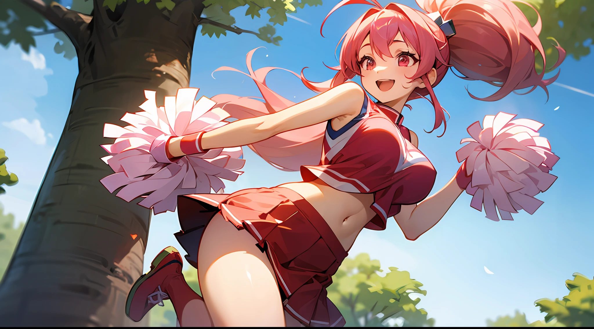 1 girl, game CG, sleeveless white cheerleader, lower breasts visible, navel visible, short red skirt, gigantic breasts, pink hair, long hair, ponytail, princess hairstyle, ahoge, pink eyes, out of school , blue sky, tree, jump, smile, open mouth,
