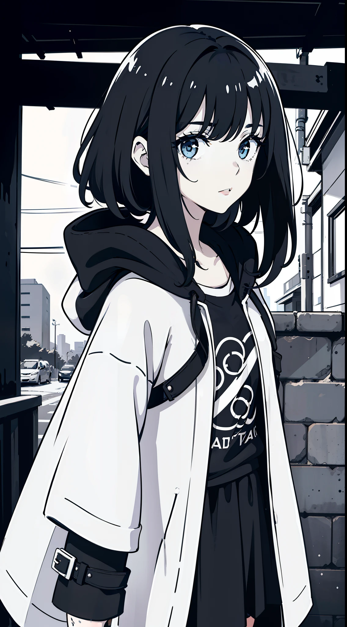 girl,Front Portrait, black and white, messy short hair, edgy accessories,sporty style, casual t-shirt, confident gaze, monochrome color scheme, looking to the side, chic street fashion,((a person)),(long hair),Rainy weather,water droplets falling,Hood attached to jacket, cloak or coat worn over head for warmth and protection