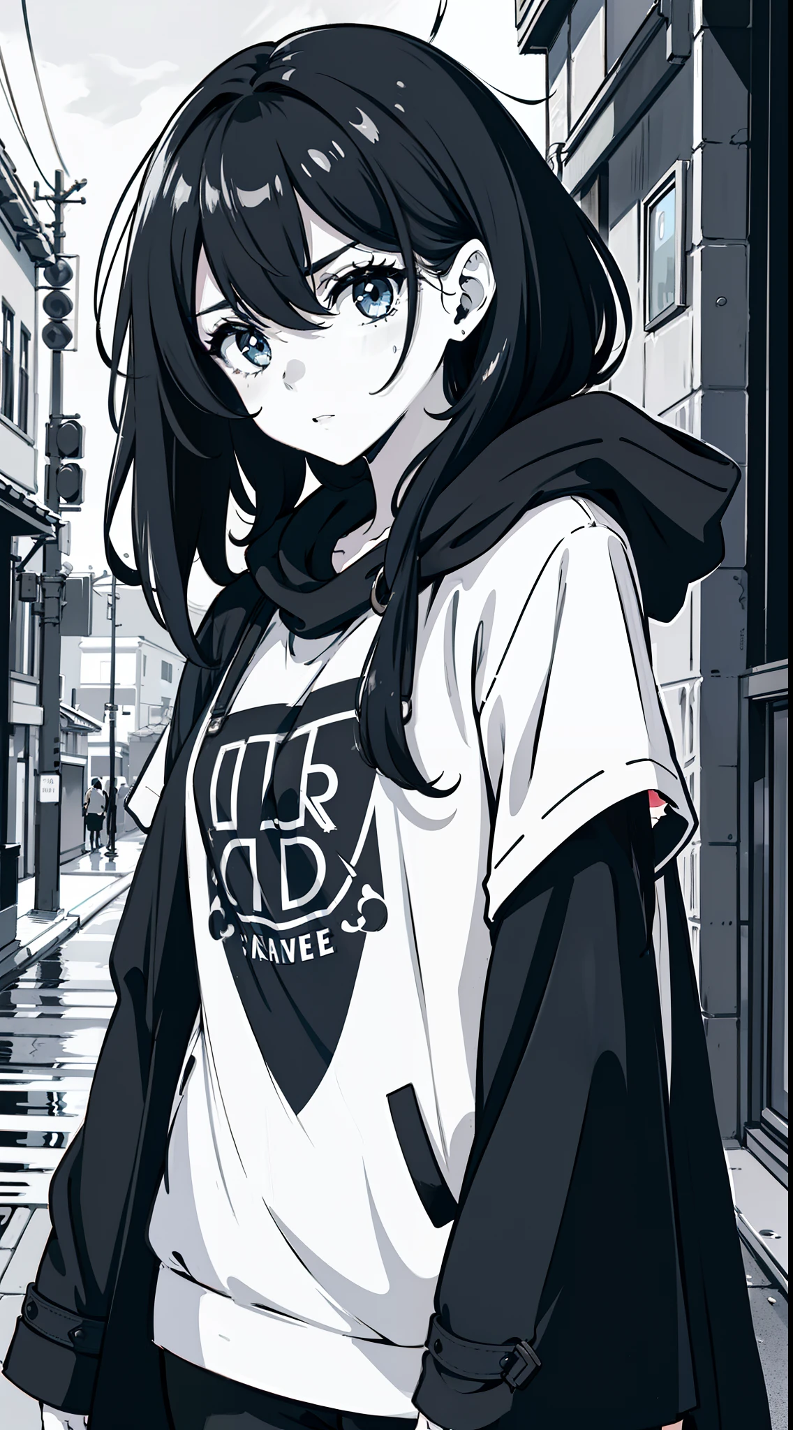 girl,Front Portrait, black and white, messy short hair, edgy accessories,sporty style, casual t-shirt, confident gaze, monochrome color scheme, looking to the side, chic street fashion,((a person)),(long hair),Rainy weather,water droplets falling,Hood attached to jacket, cloak or coat worn over head for warmth and protection