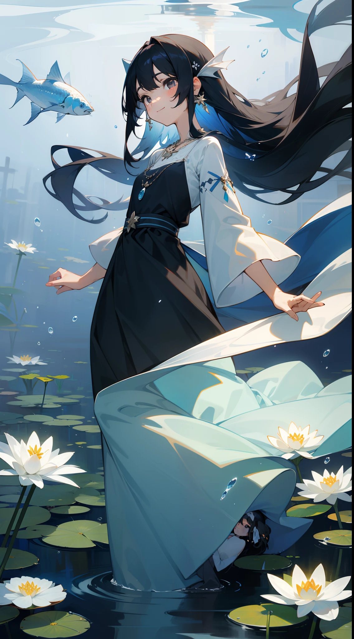 cantata, 1girl in, Cute, Water, Smile, Asian,Face seen from the side, Head_tilt,Fish, Orion, flowingwater, Lily, Black hair , Floating hair, Long hair, Beautiful long dresses, Skindentation,Gray eyes, Beautifully gorgeous necklace, Strapless ,