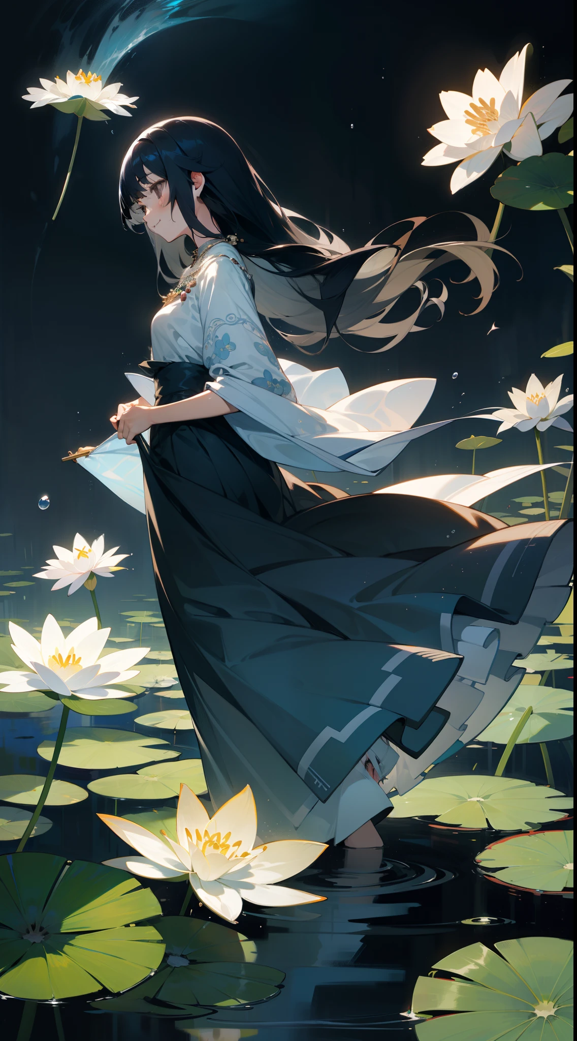 cantata, 1girl in, Cute, Water, Smile, Asian,Face seen from the side, Head_tilt,Fish, Orion, flowingwater, Lily, Black hair , Floating hair, Long hair, Beautiful long dresses, Skindentation,Gray eyes, Beautifully gorgeous necklace, Strapless ,