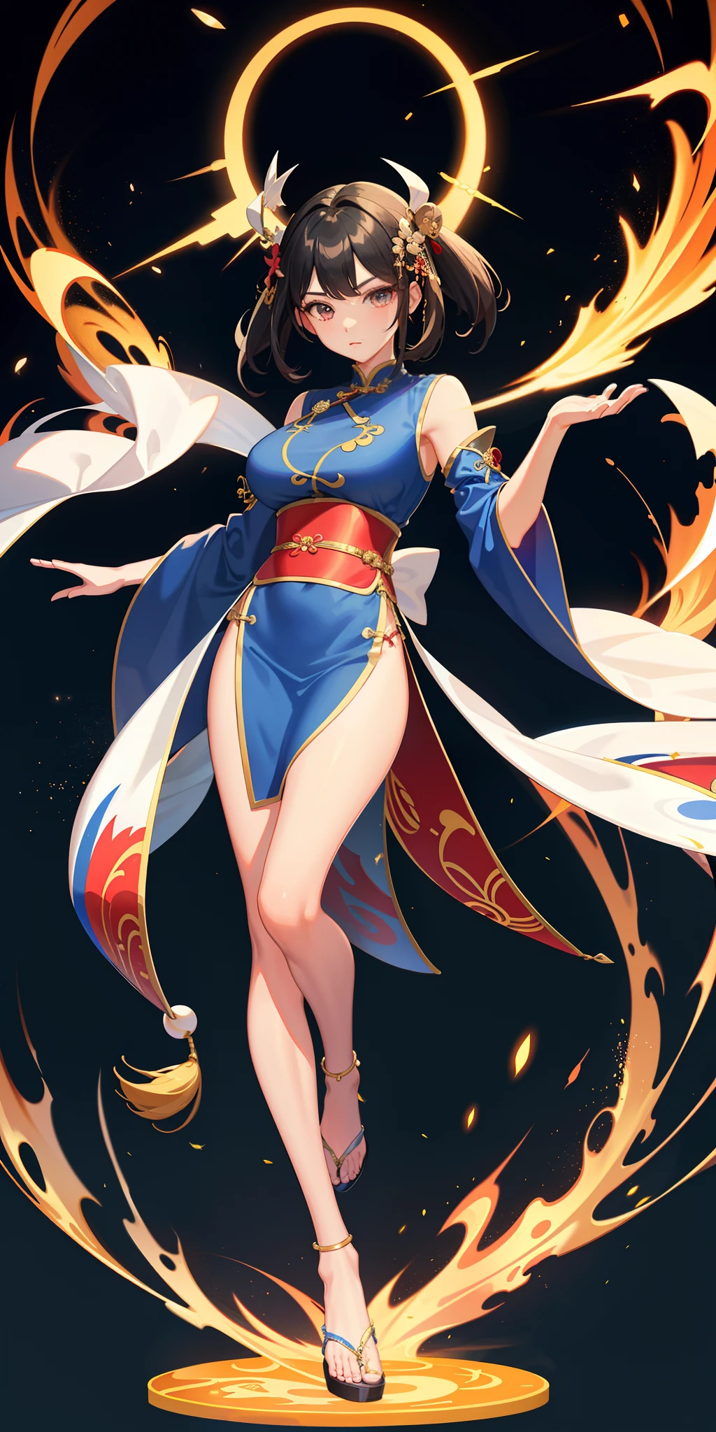 1girll, on cheongsam,Raised sexy,big breasts beautiful,Magic Girl,Control lightning,Taoist robes,
Extremely beautiful,Oriental Immortal Cultivation Legend,Fairy beauty,Full body display,Perfect details,extreme hight detail,ultra intricately detailed