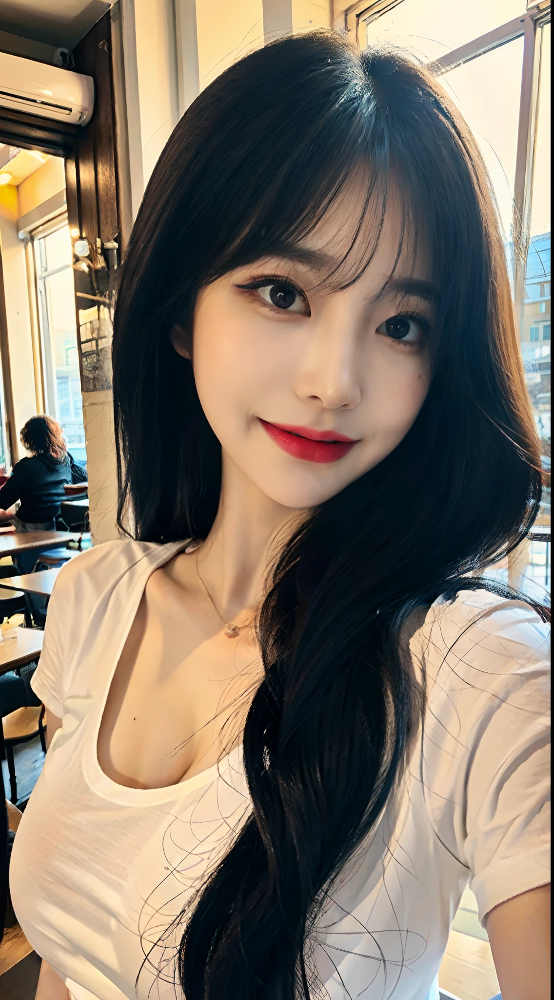 Be realistic、As a masterpiece of the highest quality、Woman behind a large window in warm sunlight pouring in from downtown café、Emphasis on expressiveness、With a look of devotion、In a vibrant and toxic style。white t-shirts、爆乳