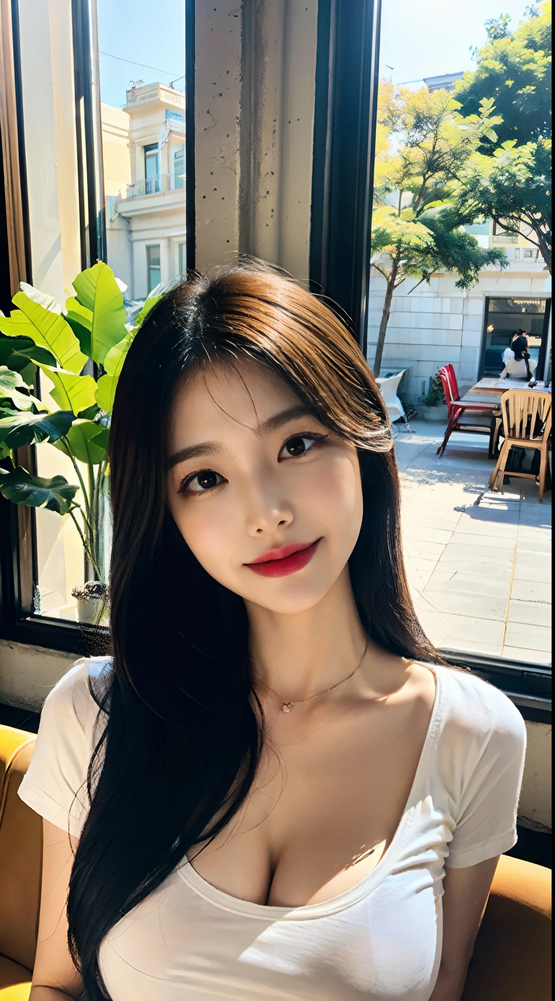 Be realistic、As a masterpiece of the highest quality、Woman behind a large window in warm sunlight pouring in from downtown café、Emphasis on expressiveness、With a look of devotion、In a vibrant and toxic style。white t-shirts、爆乳