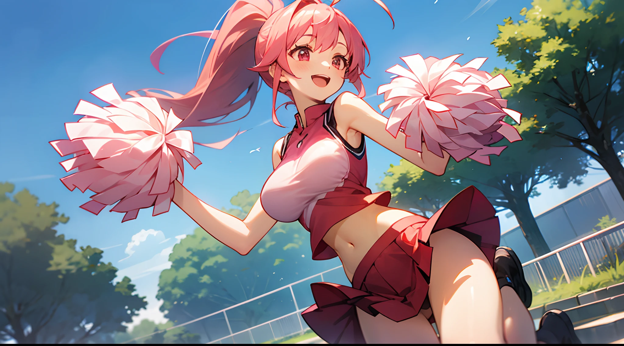 1 girl, game CG, sleeveless white cheerleader, lower breasts visible, navel visible, short red skirt, gigantic breasts, pink hair, long hair, ponytail, princess hairstyle, ahoge, pink eyes, out of school , blue sky, tree, jump, smile, open mouth,