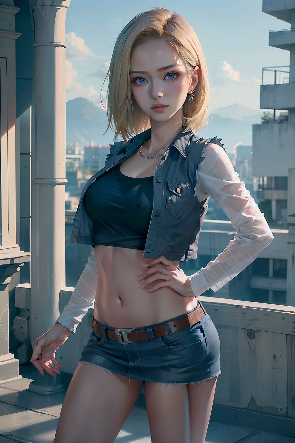 (highly detailed back ground:1.0)、(highly detailed back ground:1.0)、absurderes、((masterpiece:1.2、top-quality))、ultra-detailliert、Ultra-precise depiction、Ultra-detailed depiction、top-quality、ighly detailed、(dynamicposes)、(Photorealsitic:1.4)、Official art、Unity 8k壁纸、Beautifully Aesthetic、looking at the viewers、1womanl、Wide waist、(shinny skin)、Many colors、dynamic ungle、Most Beautiful Form of Chaos、elegent、Brutalist design、 romanticism, deep-shadows,Legs are raised and white panties are visible、 Unobtrusive, Looks Back, android_18, and18, 18 with, 1girl in, Android 18, 独奏, blonde hair, blue eyess, shorth hair, Beautiful belly button、beautiful thigh、Beautiful udder、耳Nipple Ring, jewely, Denim Vest, open vest, Raw feet, Black shirt, Denim skirt, Striped long sleeves, a blue skirt,