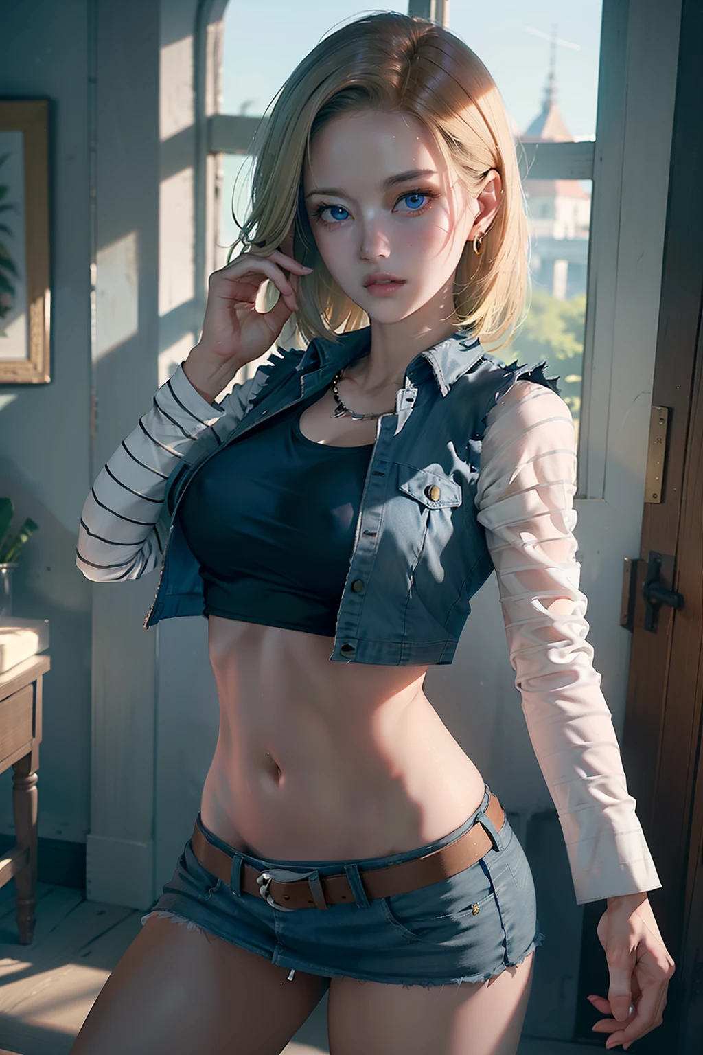 (highly detailed back ground:1.0)、(highly detailed back ground:1.0)、absurderes、((masterpiece:1.2、top-quality))、ultra-detailliert、Ultra-precise depiction、Ultra-detailed depiction、top-quality、ighly detailed、(dynamicposes)、(Photorealsitic:1.4)、Official art、Unity 8k壁纸、Beautifully Aesthetic、looking at the viewers、1womanl、Wide waist、(shinny skin)、Many colors、dynamic ungle、Most Beautiful Form of Chaos、elegent、Brutalist design、 romanticism, deep-shadows,Legs are raised and white panties are visible、 Unobtrusive, Looks Back, android_18, and18, 18 with, 1girl in, Android 18, 独奏, blonde hair, blue eyess, shorth hair, Beautiful belly button、beautiful thigh、Beautiful udder、耳Nipple Ring, jewely, Denim Vest, open vest, Raw feet, Black shirt, Denim skirt, Striped long sleeves, a blue skirt,