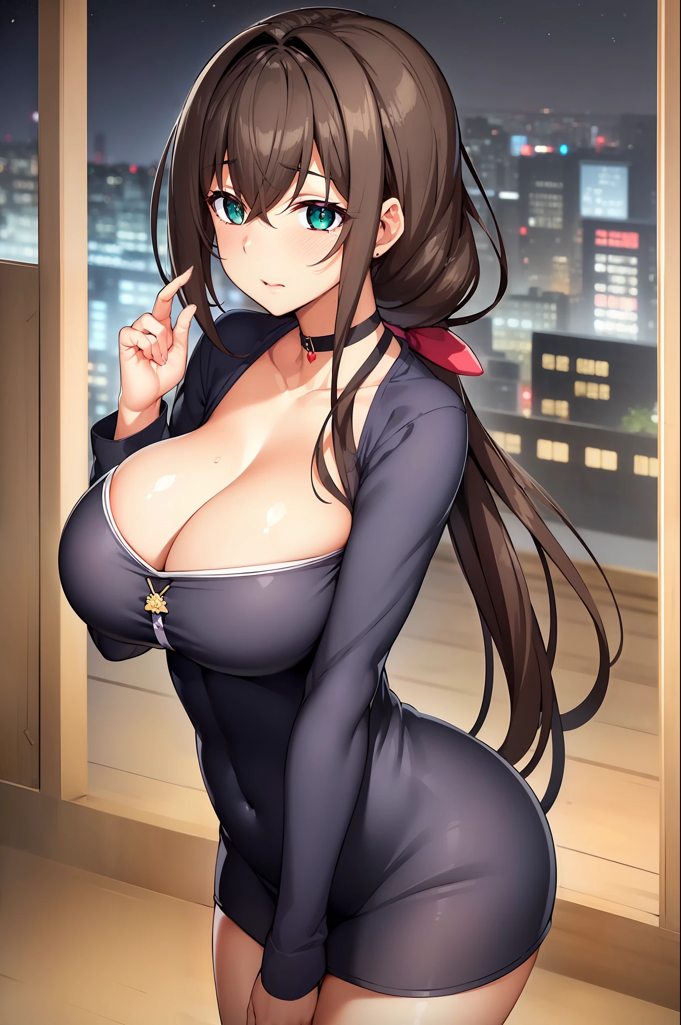 (Night:1.7), Japan, cyberpunk, CityView, Before Window,wooden floor,
Standing at attention,
Blue Jacket, Grey Shirt, collarbone, deep cleavage, Black choker,
jewelry,gem,bangs, Brown Hair, Green Eyes, Braid,long hair, low ponytail, a bow tie,hair ornament, hairclip,
1 girl, 20yo,Young female,Beautiful Finger,Beautiful long legs,Beautiful body,Beautiful Nose,Beautiful character design, perfect eyes, perfect face,expressive eyes,
looking at viewer, in the center of the image,(Upper_body),(Focus on her face),
official art,extremely detailed CG unity 8k wallpaper, perfect lighting,Colorful, Bright_Front_face_Lighting,shiny skin,
(masterpiece:1.0),(best_quality:1.0), ultra high res,4K,ultra-detailed,
photography, 8K, HDR, highres, absurdres:1.2, Kodak portra 400, film grain, blurry background, bokeh:1.2, lens flare, (vibrant_color:1.2)
(Beautiful,Breasts), (beautiful_face:1.5),(narrow_waist),