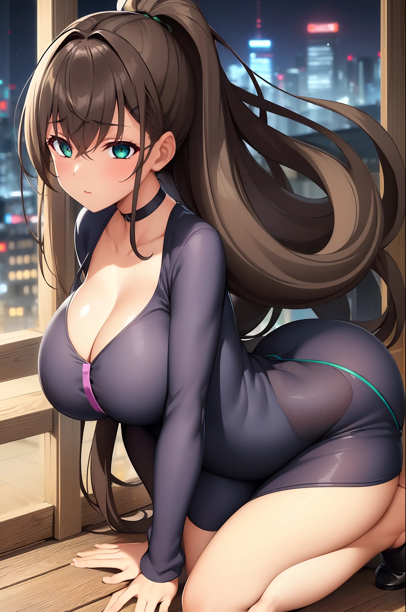 (Night:1.7), Japan, cyberpunk, CityView, Before Window,wooden floor,
Standing at attention,
Blue Jacket, Grey Shirt, collarbone, deep cleavage, Black choker,
jewelry,gem,bangs, Brown Hair, Green Eyes, Braid,long hair, low ponytail, a bow tie,hair ornament, hairclip,
1 girl, 20yo,Young female,Beautiful Finger,Beautiful long legs,Beautiful body,Beautiful Nose,Beautiful character design, perfect eyes, perfect face,expressive eyes,
looking at viewer, in the center of the image,(Upper_body),(Focus on her face),
official art,extremely detailed CG unity 8k wallpaper, perfect lighting,Colorful, Bright_Front_face_Lighting,shiny skin,
(masterpiece:1.0),(best_quality:1.0), ultra high res,4K,ultra-detailed,
photography, 8K, HDR, highres, absurdres:1.2, Kodak portra 400, film grain, blurry background, bokeh:1.2, lens flare, (vibrant_color:1.2)
(Beautiful,Breasts), (beautiful_face:1.5),(narrow_waist),