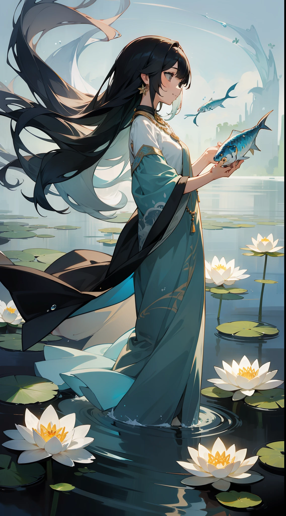 cantata, 1girl in, Cute, Water, Smile, Asian,Face seen from the side, Head_tilt,Fish, Orion, flowingwater, Lily, Black hair , Floating hair, Long hair, Beautiful long dresses, Skindentation,Gray eyes, Beautifully gorgeous necklace, Strapless ,