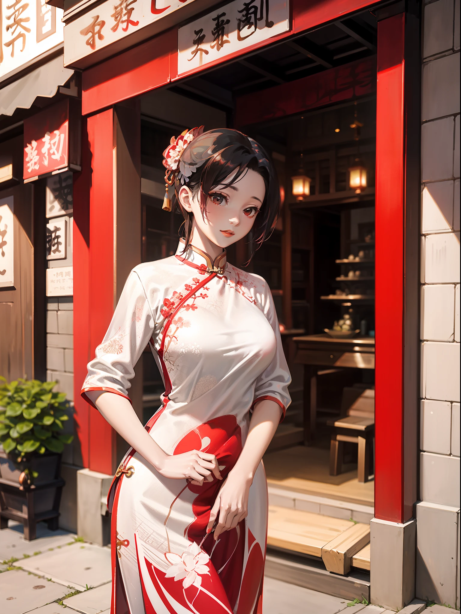 Best quality, Masterpiece,8K,best detail,Classical Chinese beauty,Short red and white cheongsam,Antique courtyard,Standing posture,mature pretty woman,Bust photo ,Upper Focus:1.7,with hands behind her back,Delicate face,Exquisite facial features