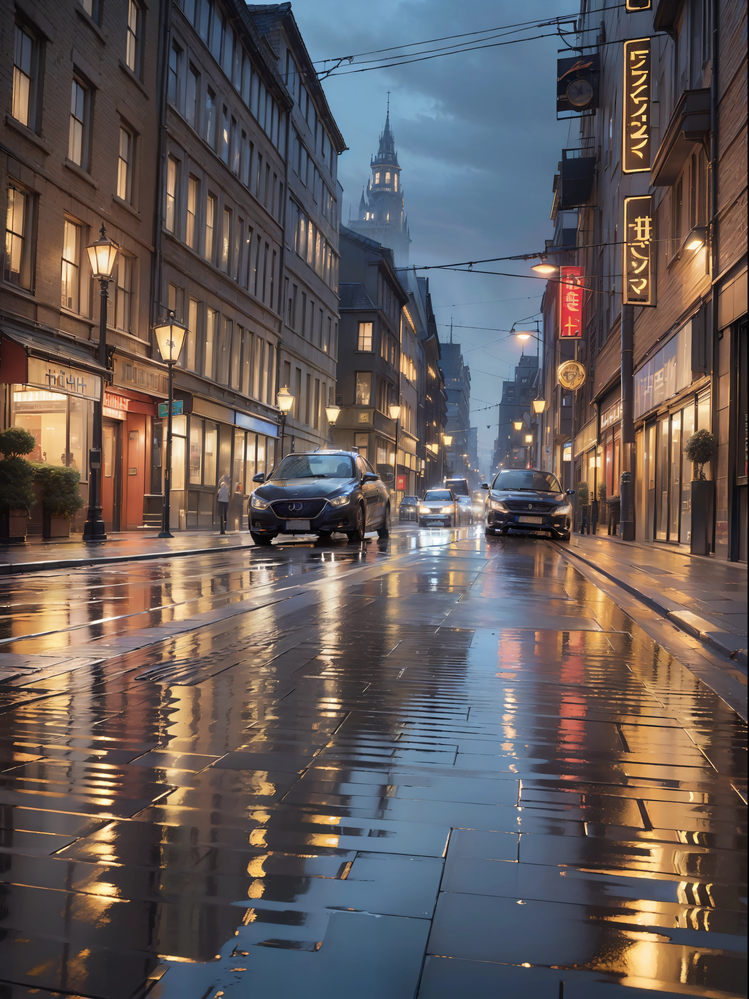 (((hight resolution)))、(in 8K)、 (((ighly detailed)))、(top-quality、masterpiece:1.3)、((sharpnes))、ciinematic light、Retro cityscape of Europe、after rain、puddle、reflection、The car is running、nightcity、dark sky